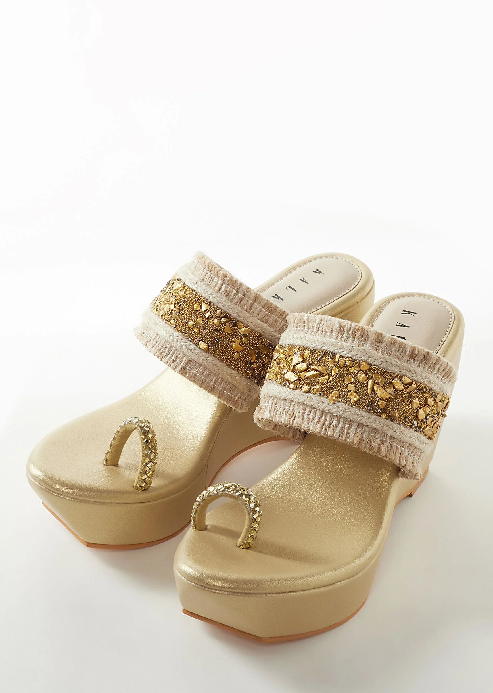 Gold Faux Leather Womens Footwear With Embellished Work - Image 2