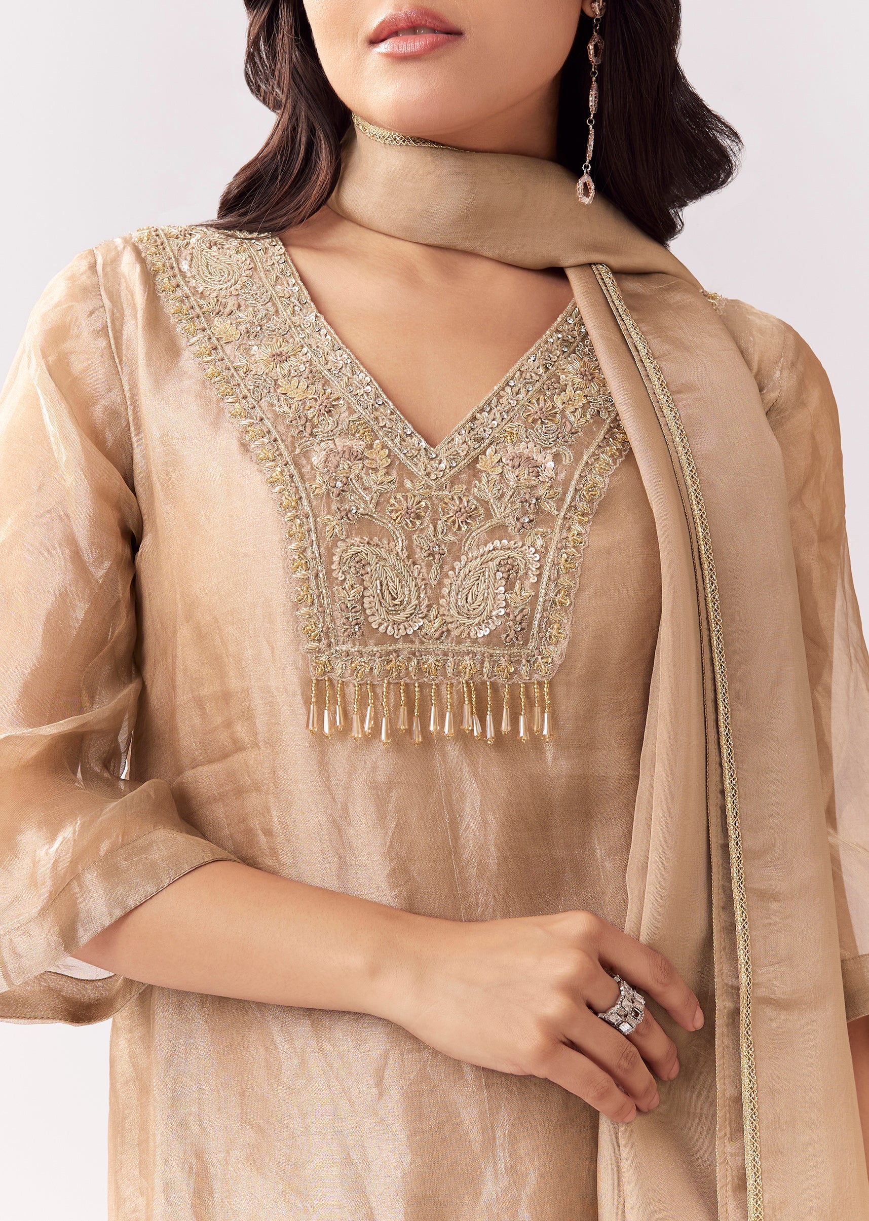 Gold Festive Palazzo Suit With Sequin Sparkle And Flared Sleeves - Image 2