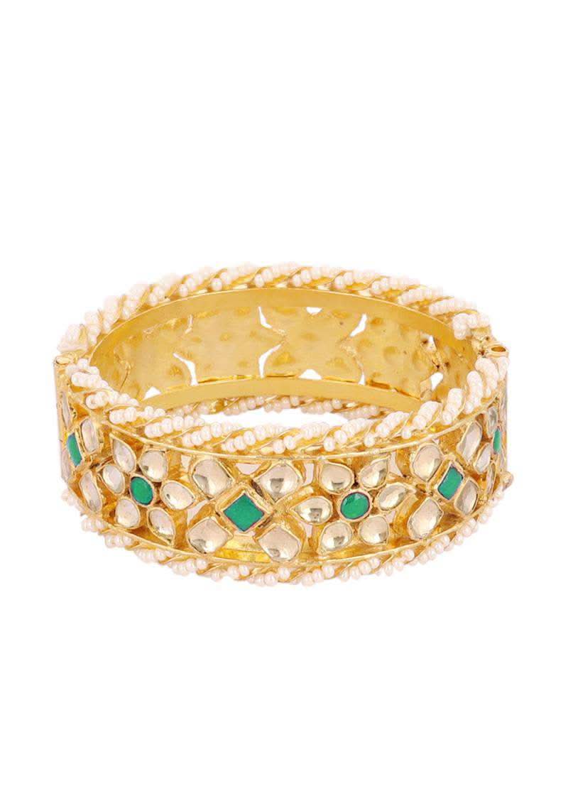 Gold Fineshed Pink and White Kundan Polki Bangles - Image 4