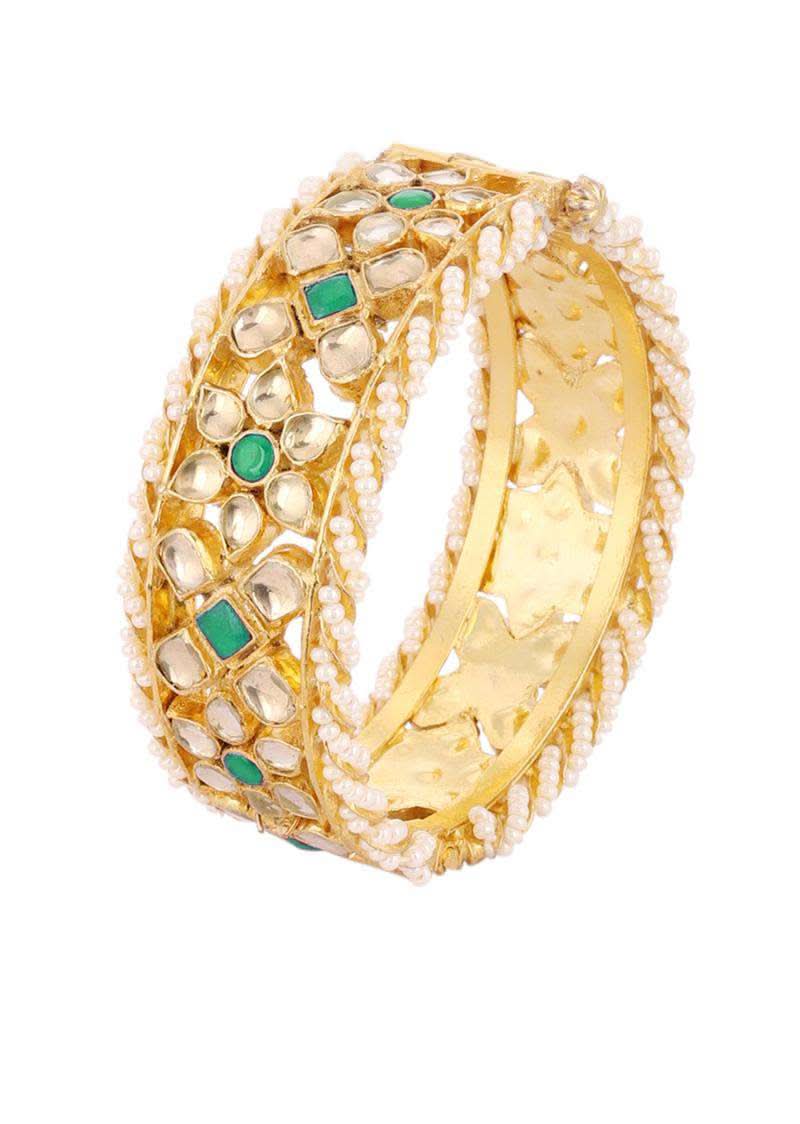 Gold Fineshed Pink and White Kundan Polki Bangles - Image 6