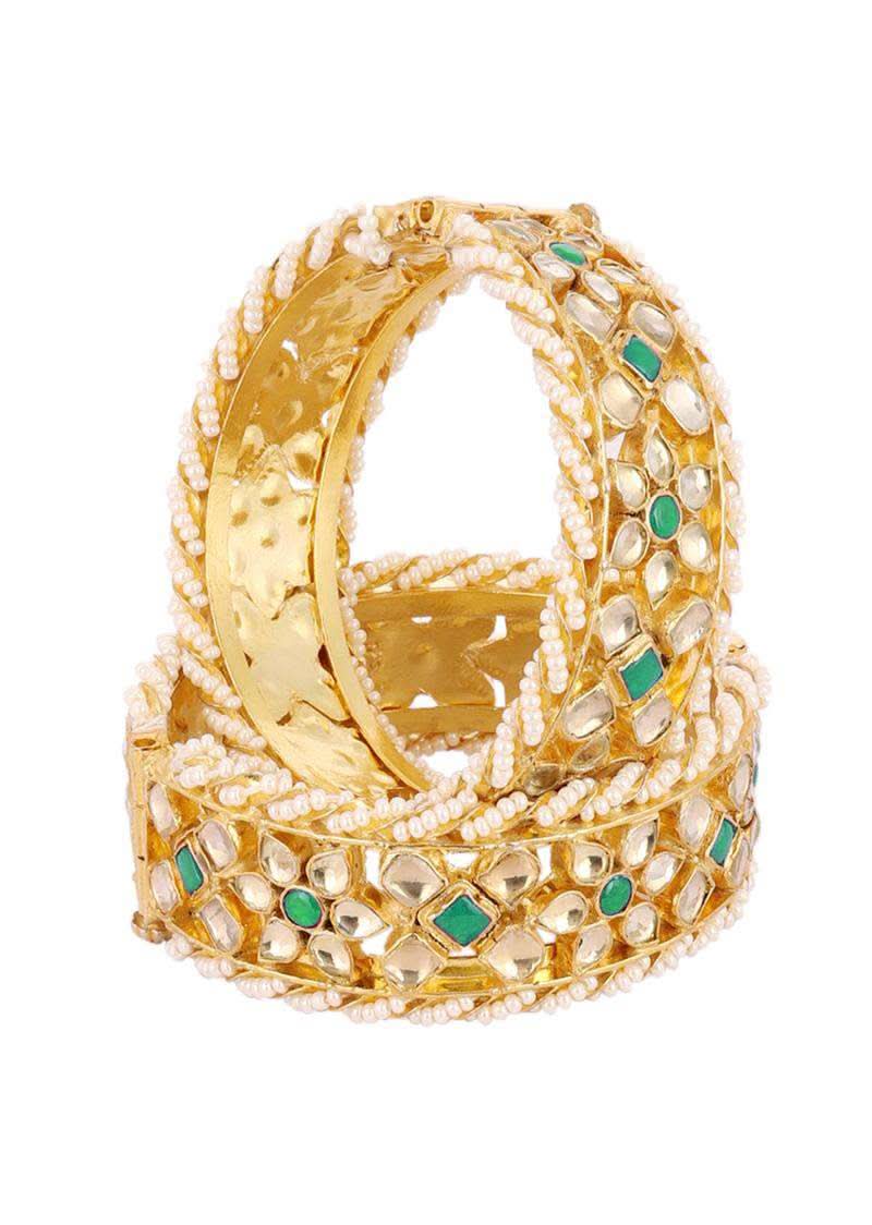 Gold Fineshed Pink and White Kundan Polki Bangles - Image 8