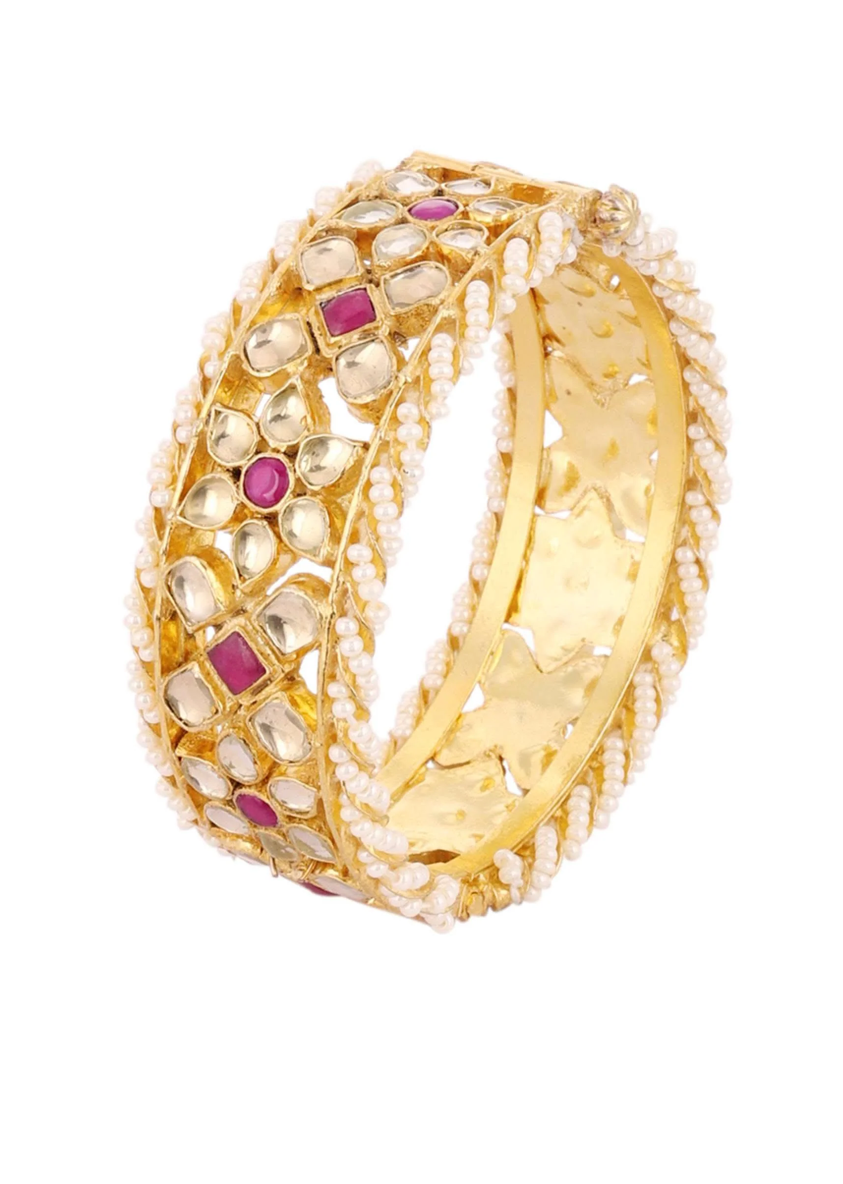 Gold Fineshed Pink and White Kundan Polki Bangles - Image 9