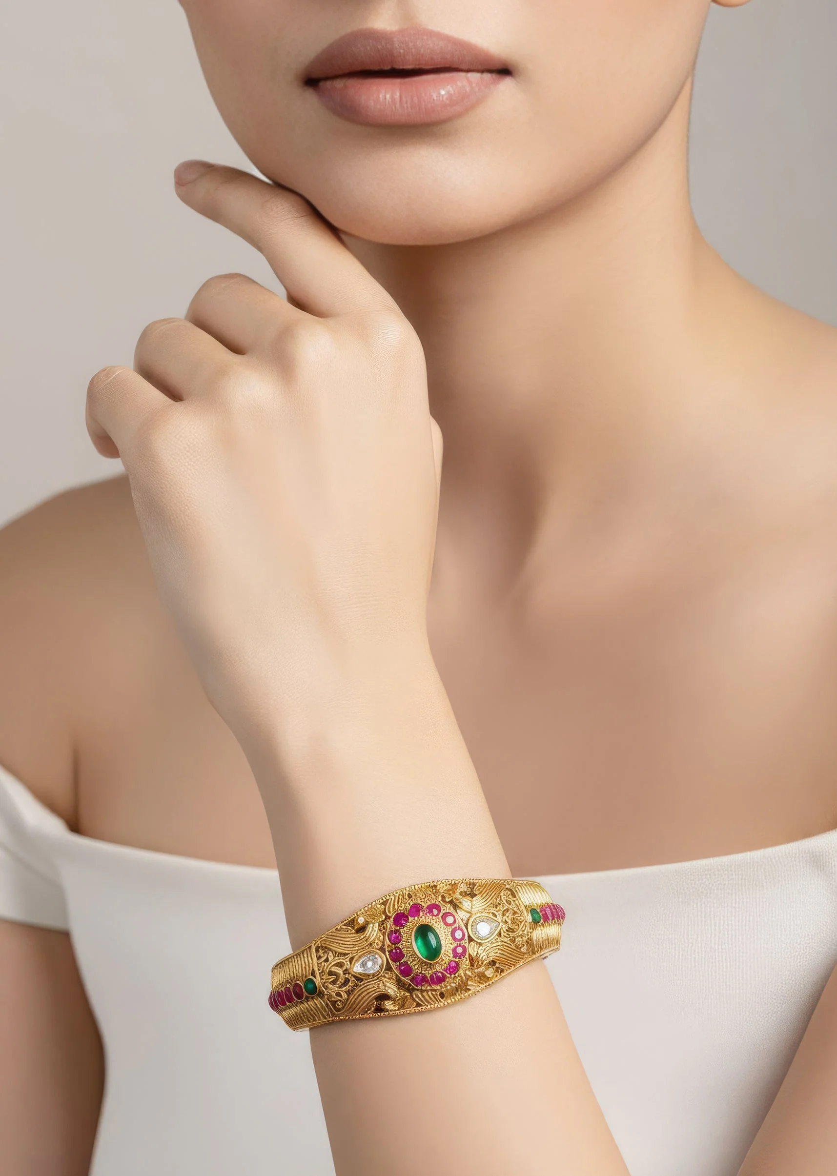 Gold Finish Bangle With Traditional Temple Motifs And Green and Pink Simulated Stones With Zirconia Accents