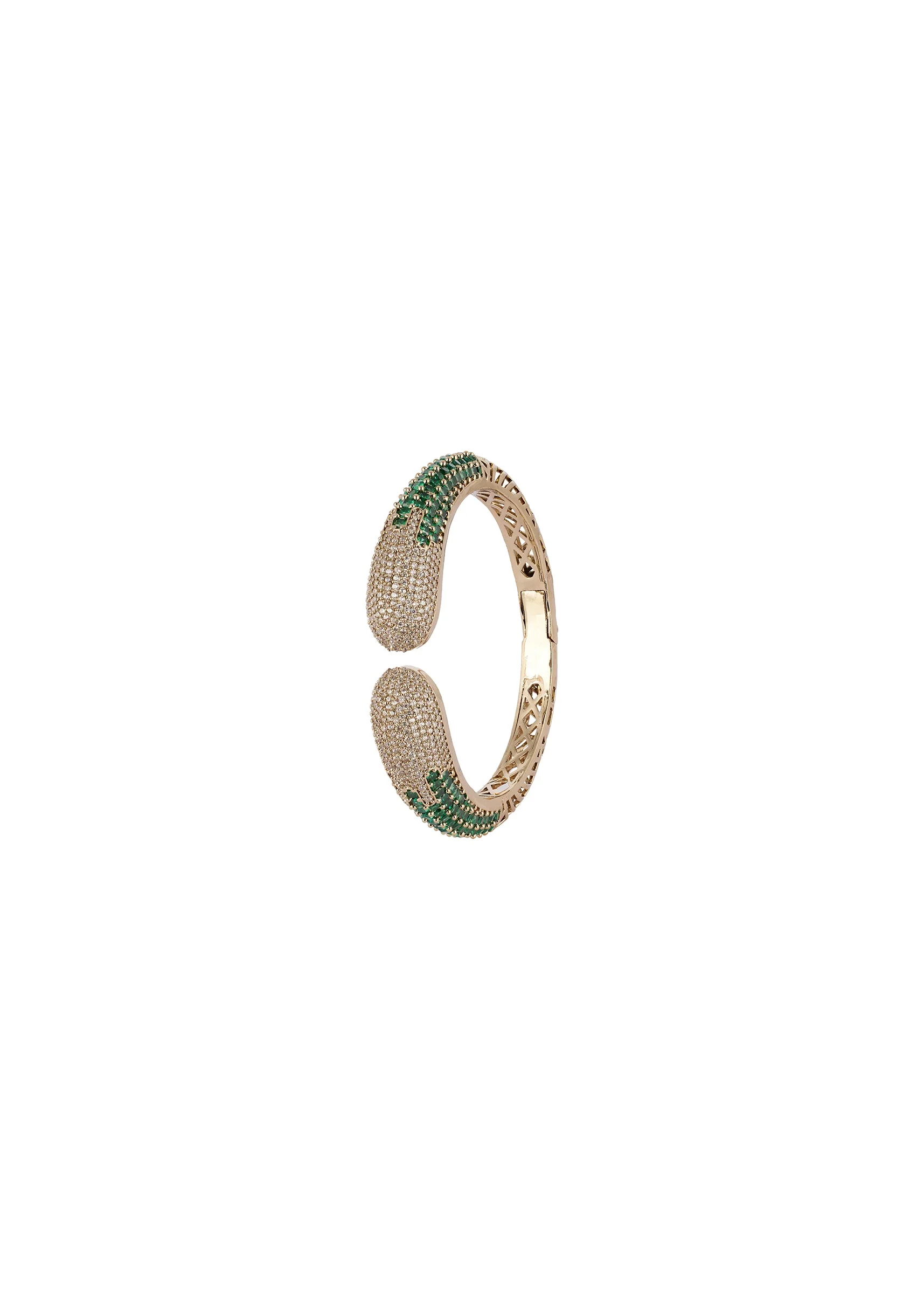 Gold Finish Bracelet In Mix Metal With Modern Cuff Style And Green Simulated Emerald And Cubic Zirconia Accents - Image 2