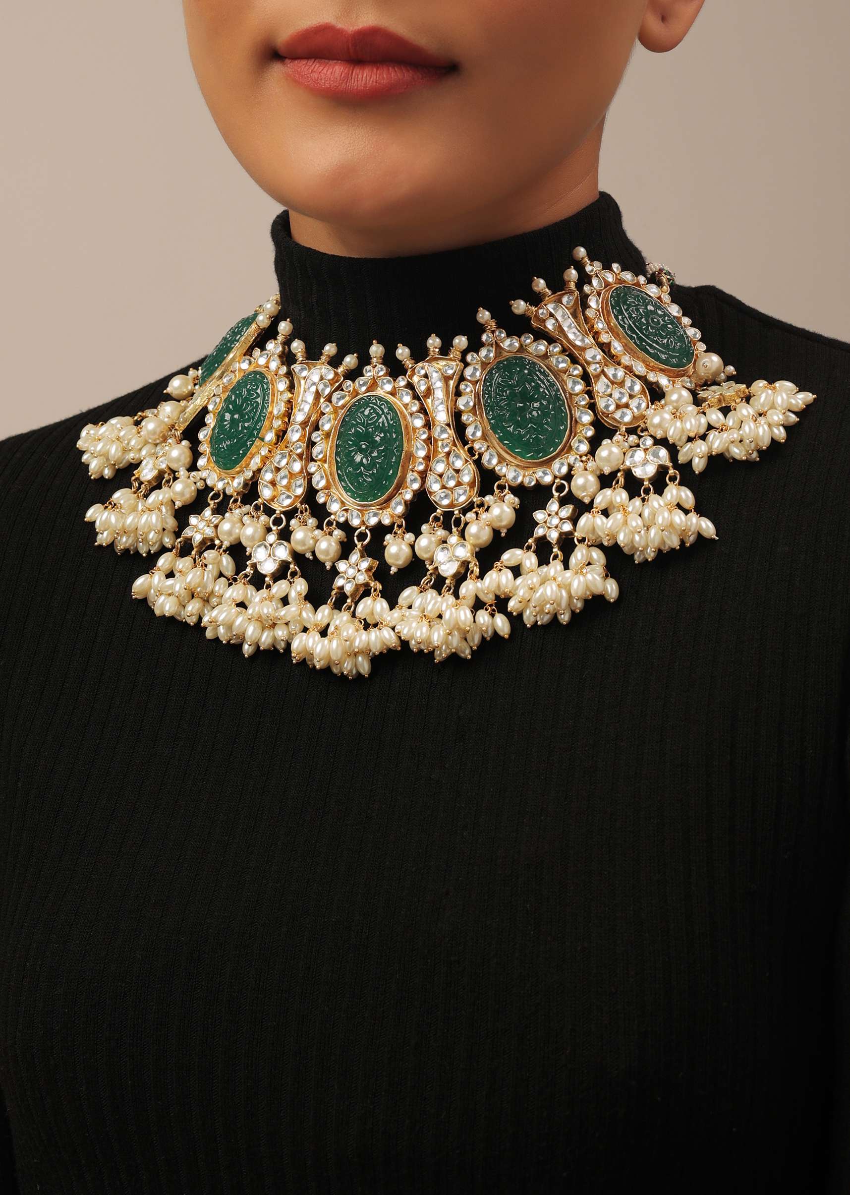 Gold Finish Carved Emerald Green Kundan Polki Bridal Choker Set - Image 2