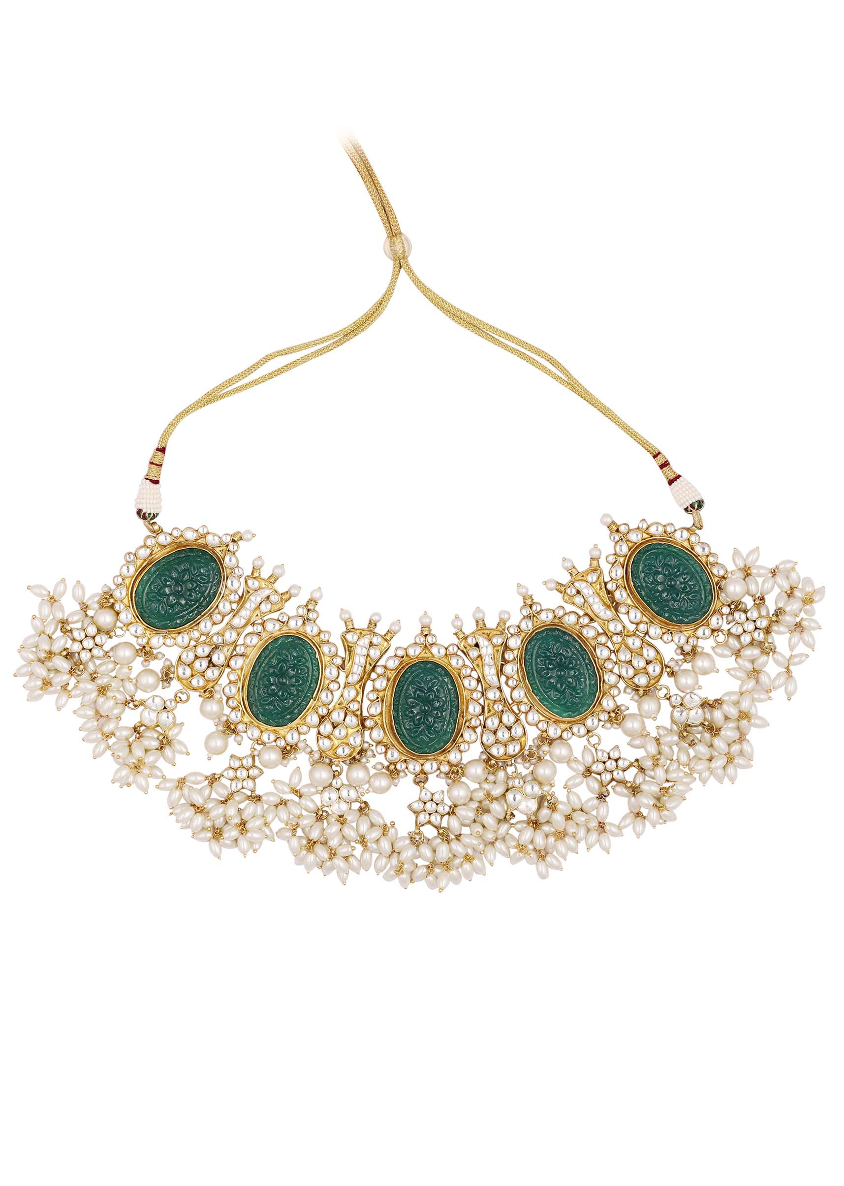Gold Finish Carved Emerald Green Kundan Polki Bridal Choker Set - Image 7