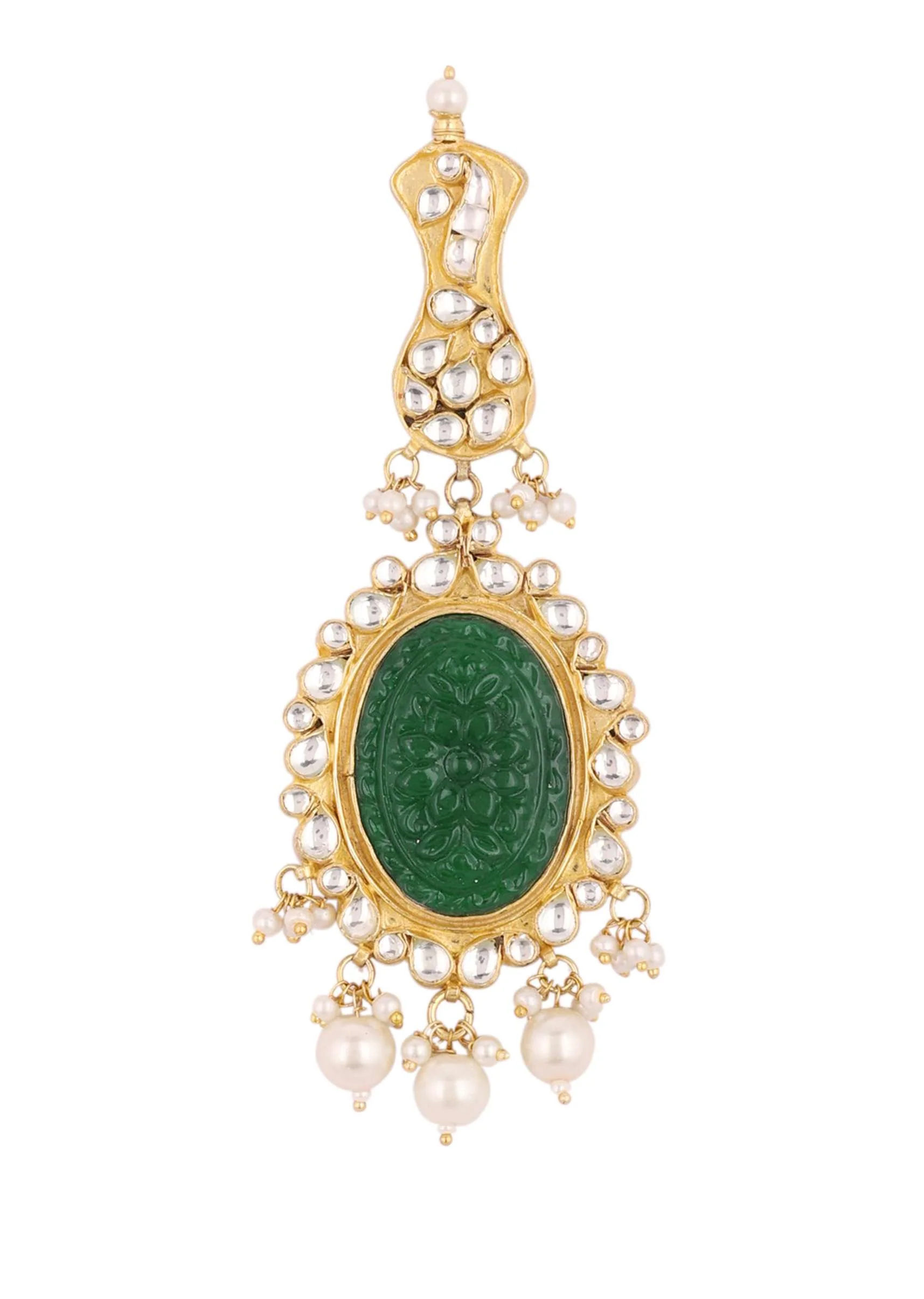 Gold Finish Carved Emerald Green Kundan Polki Bridal Choker Set - Image 9