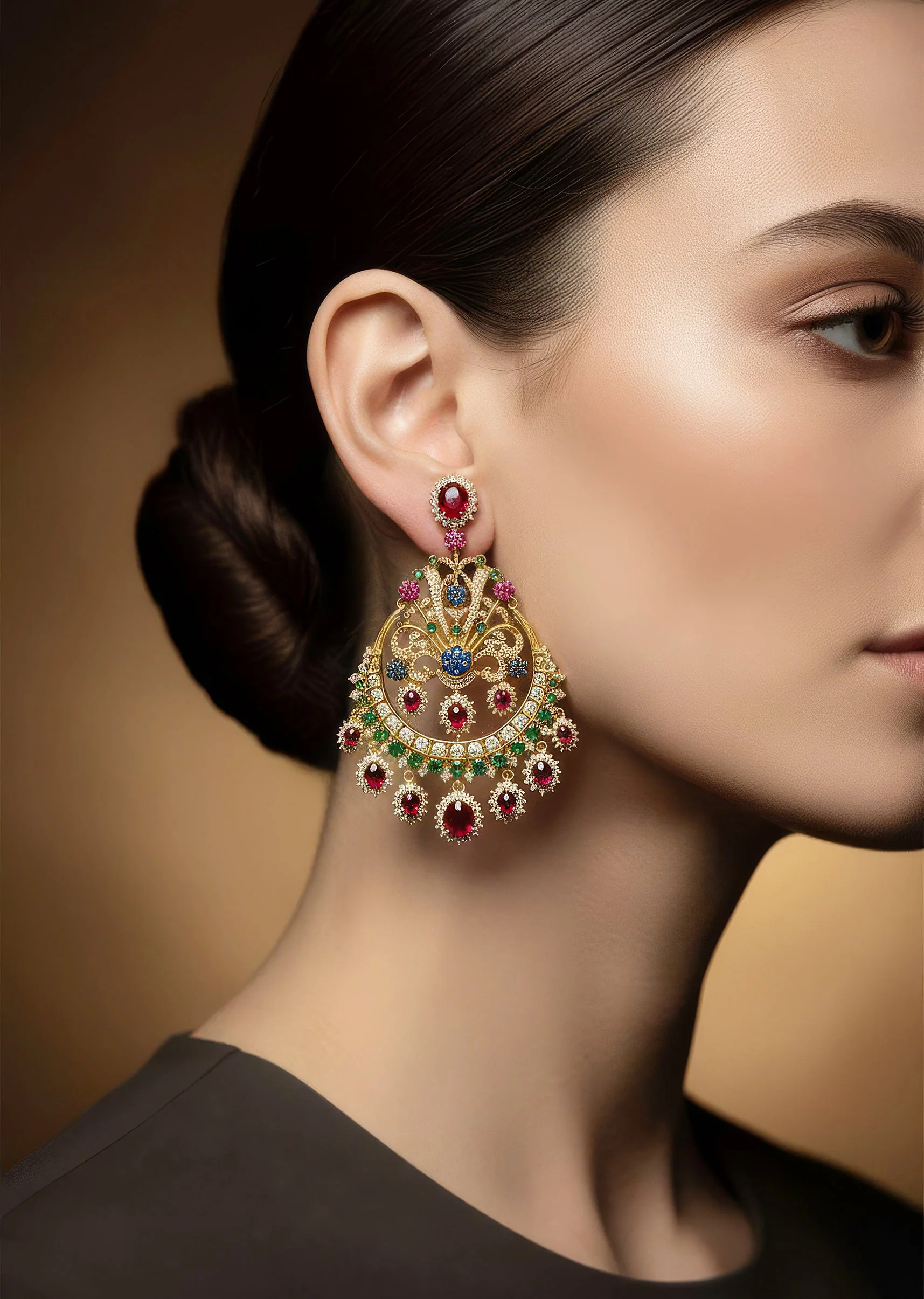 Gold Finish Chandbali Earrings With Multi Color Simulated Stones In Red Blue and Green
