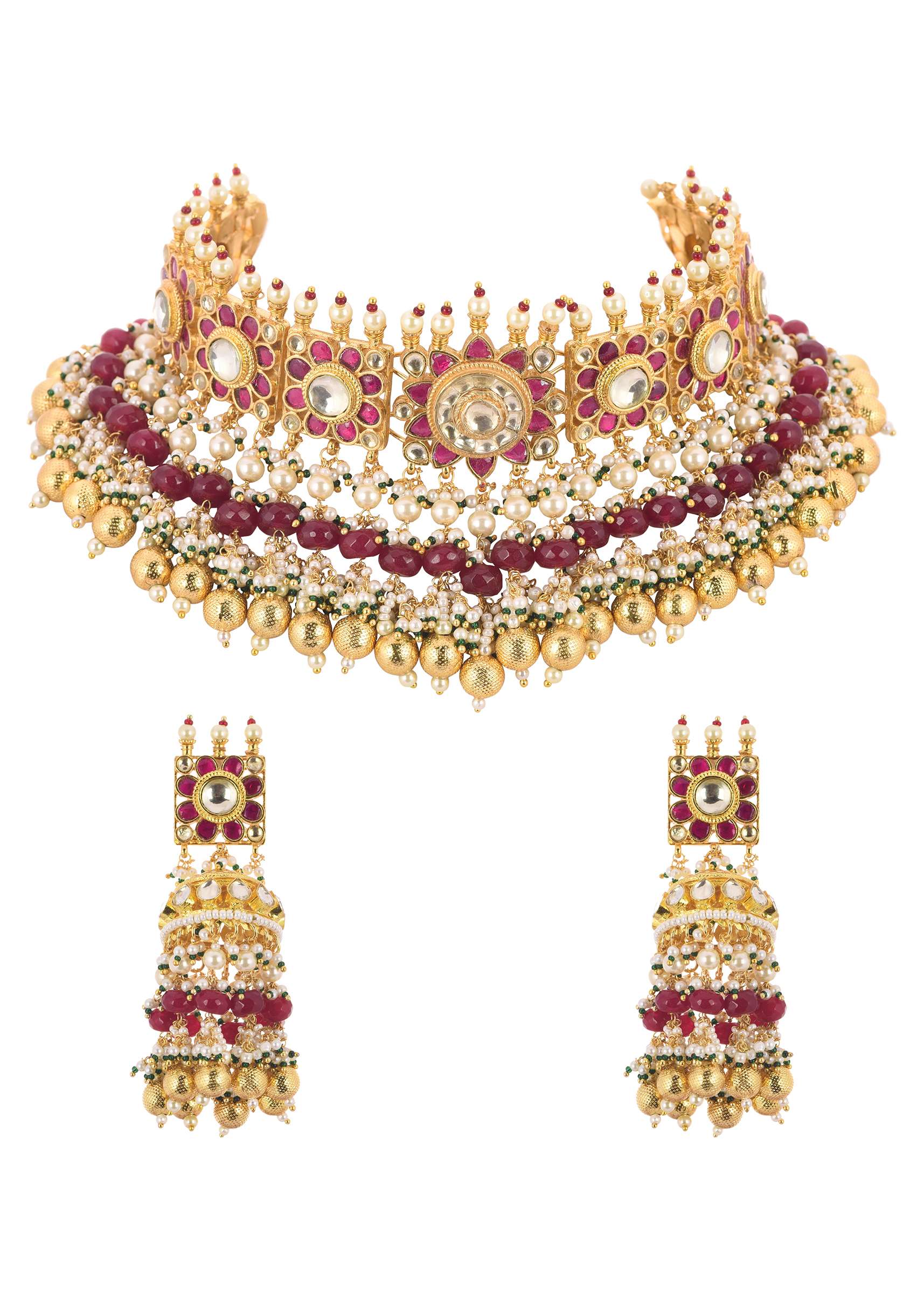Gold Finish Choker Set With Red Meenakari In Mix Metal - Image 2