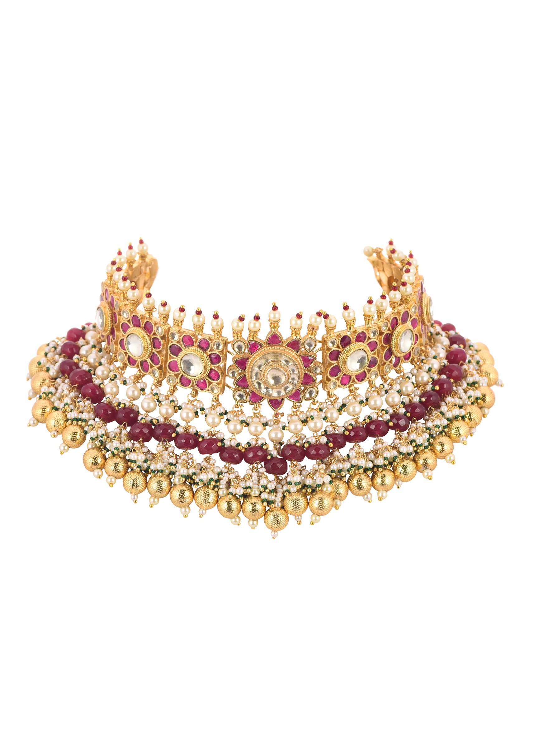 Gold Finish Choker Set With Red Meenakari In Mix Metal - Image 3