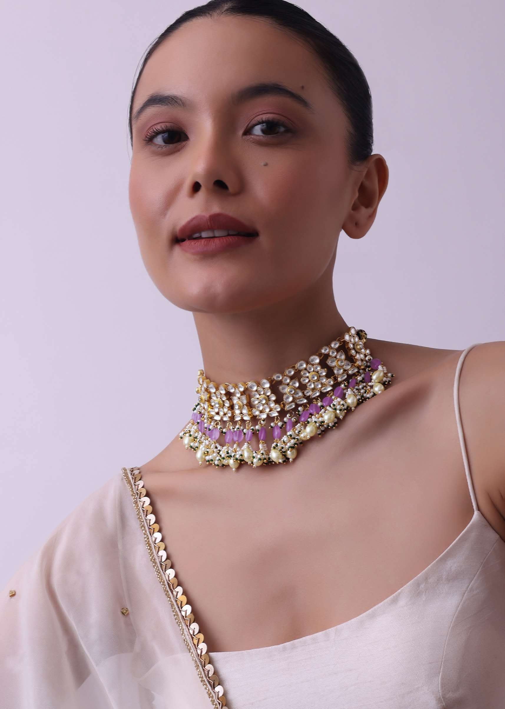 Gold Finish Choker With Pearls And Green Beads - Image 10
