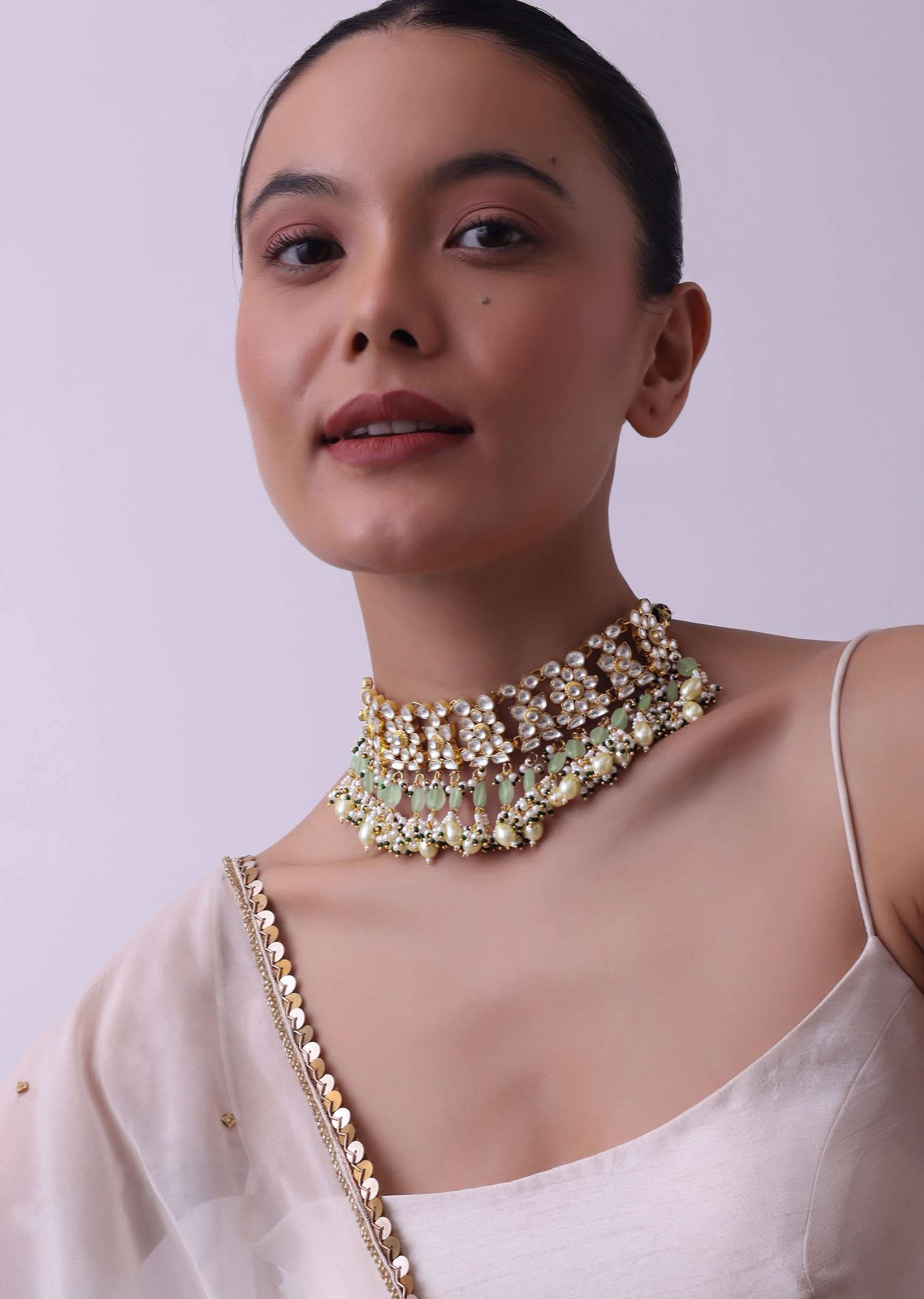 Gold Finish Choker With Pearls And Green Beads - Image 11