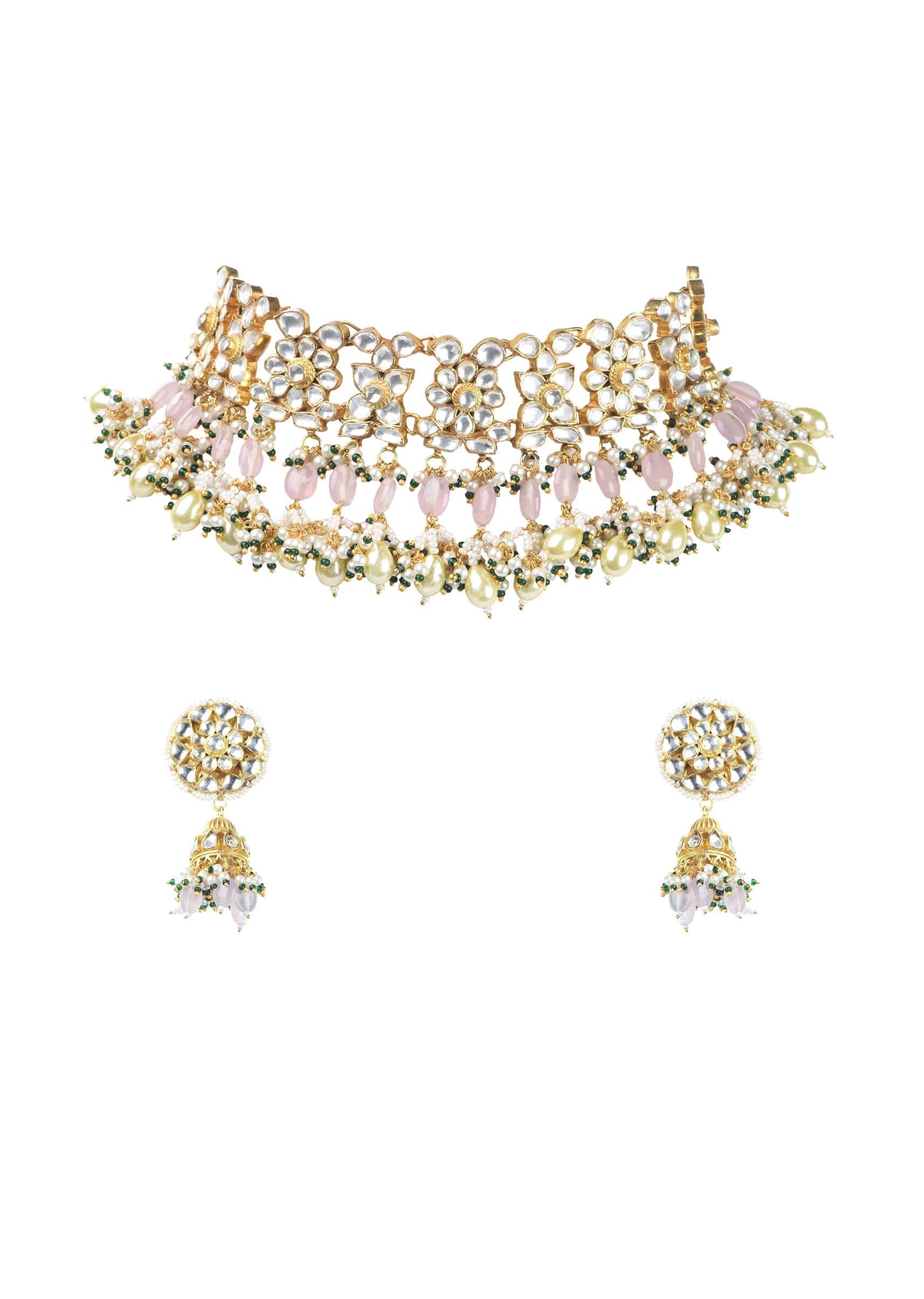 Gold Finish Choker With Pearls And Green Beads - Image 19