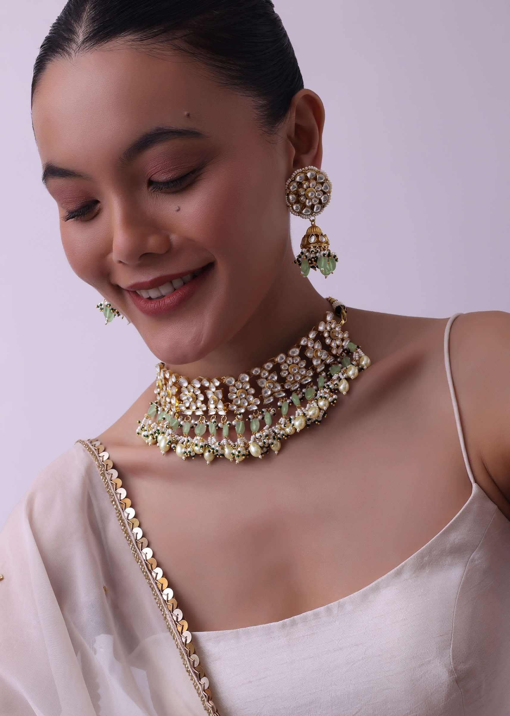 Gold Finish Choker With Pearls And Green Beads - Image 7