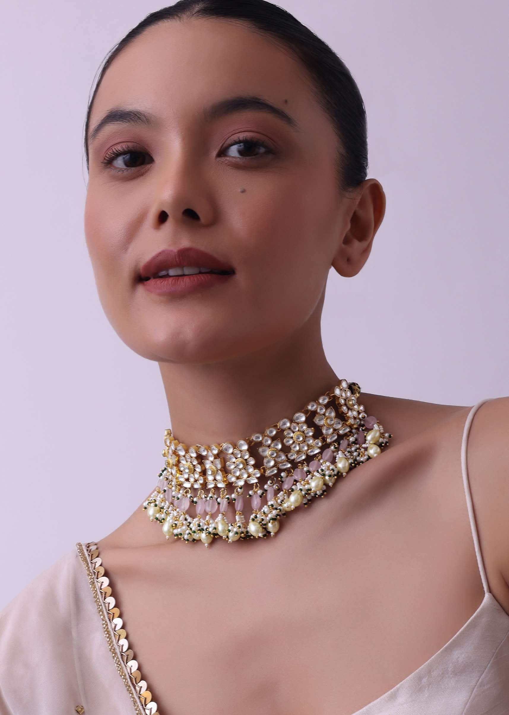 Gold Finish Choker With Pearls And Green Beads - Image 9