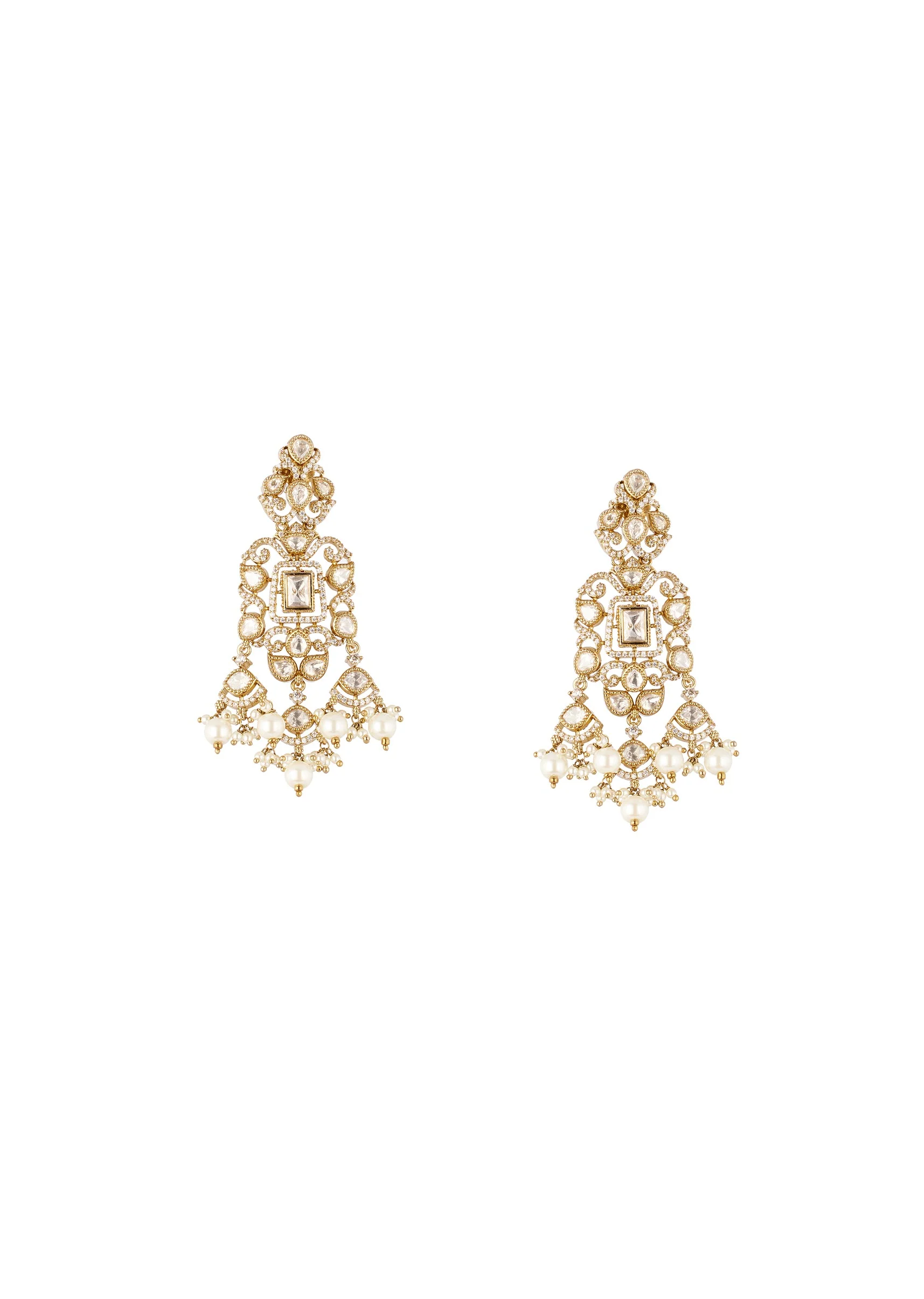 Gold Finish Drop Earrings In Polki With White Simulated Pearls and Clear Marquise Cut Stones - Image 2