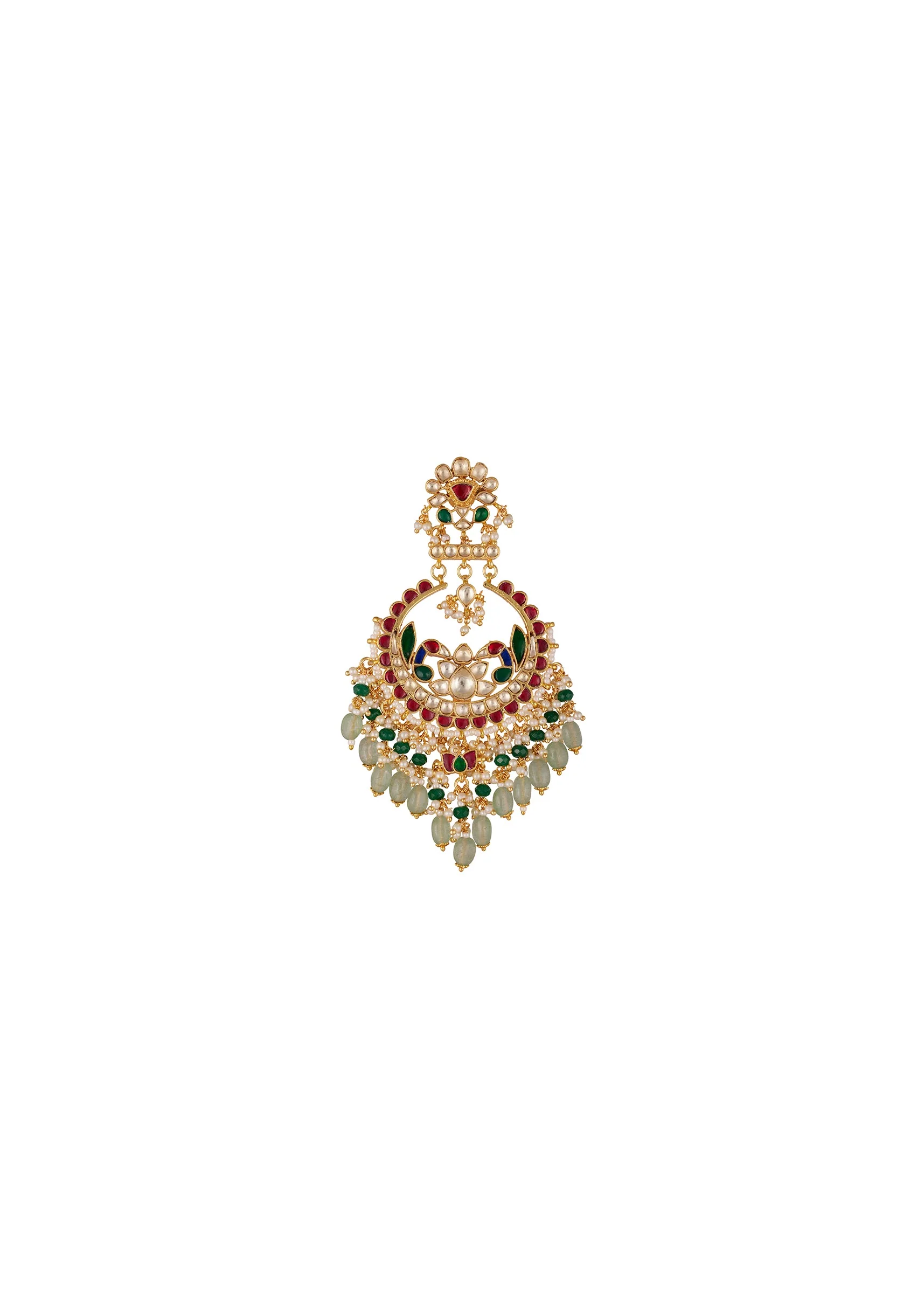 Gold Finish Earrings In Chandbali Style With Multi Colored Kundan And Stone And Pearl Detailing - Image 3
