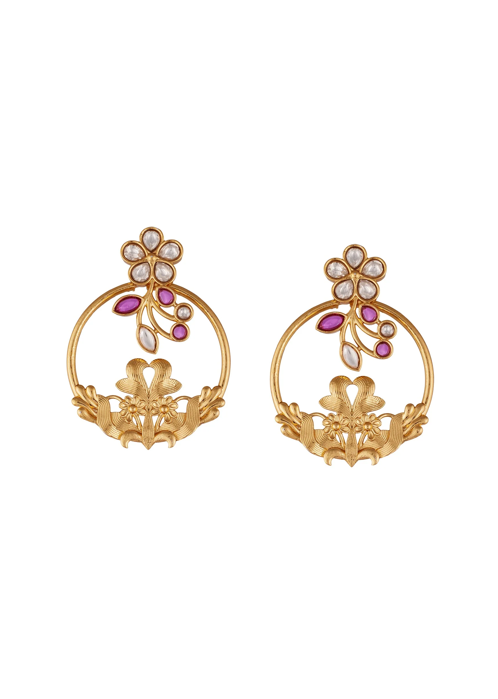 Gold Finish Earrings In Hoop Style With Kundan And Pink Stone Detailing - Image 2