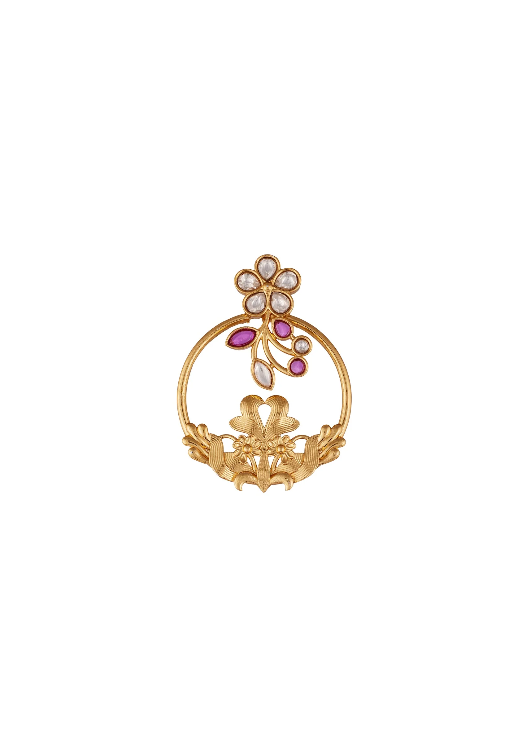 Gold Finish Earrings In Hoop Style With Kundan And Pink Stone Detailing - Image 3