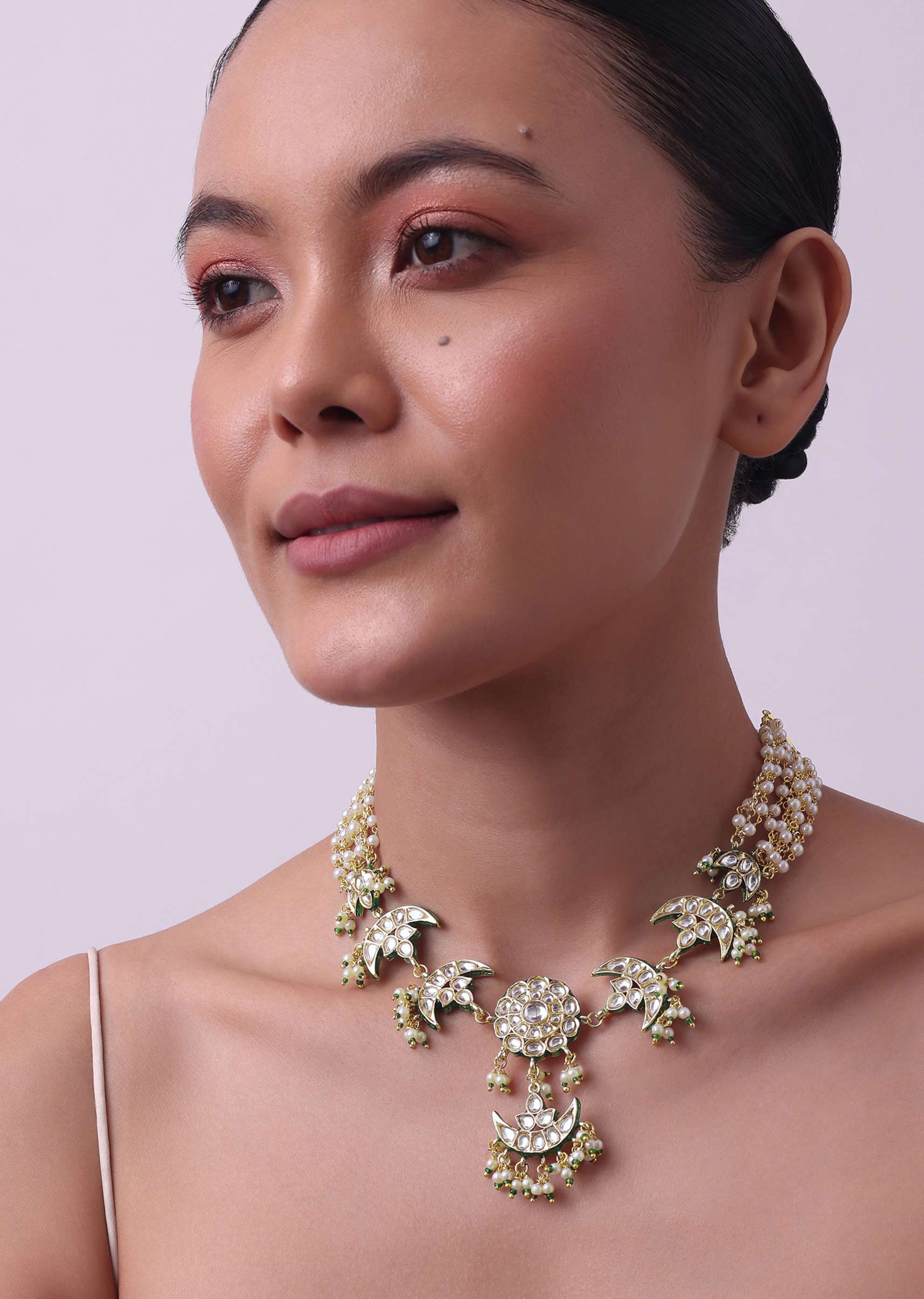 Gold Finish Green Kundan Necklace Set With Beads And Pearls - Image 4