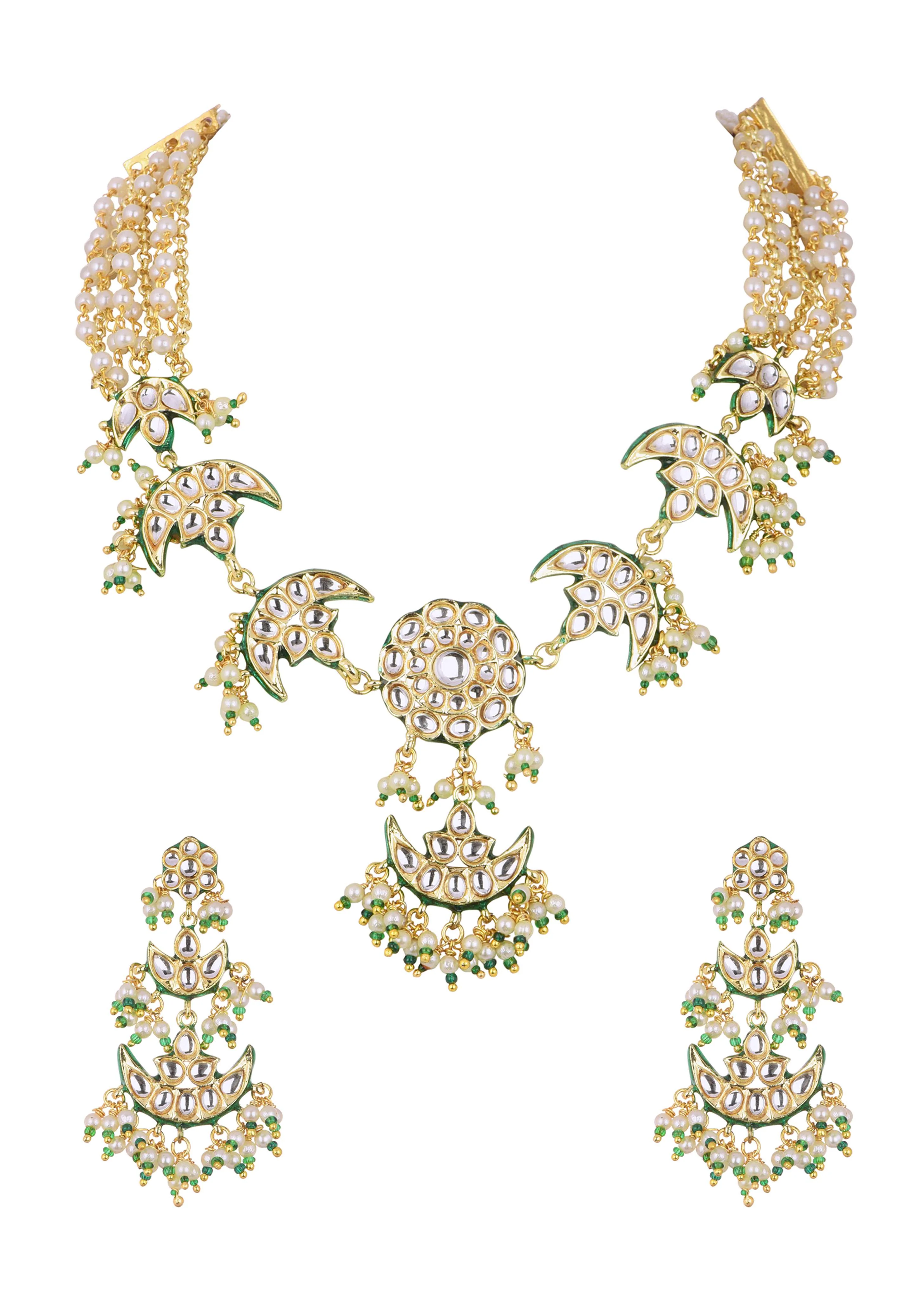 Gold Finish Green Kundan Necklace Set With Beads And Pearls - Image 5