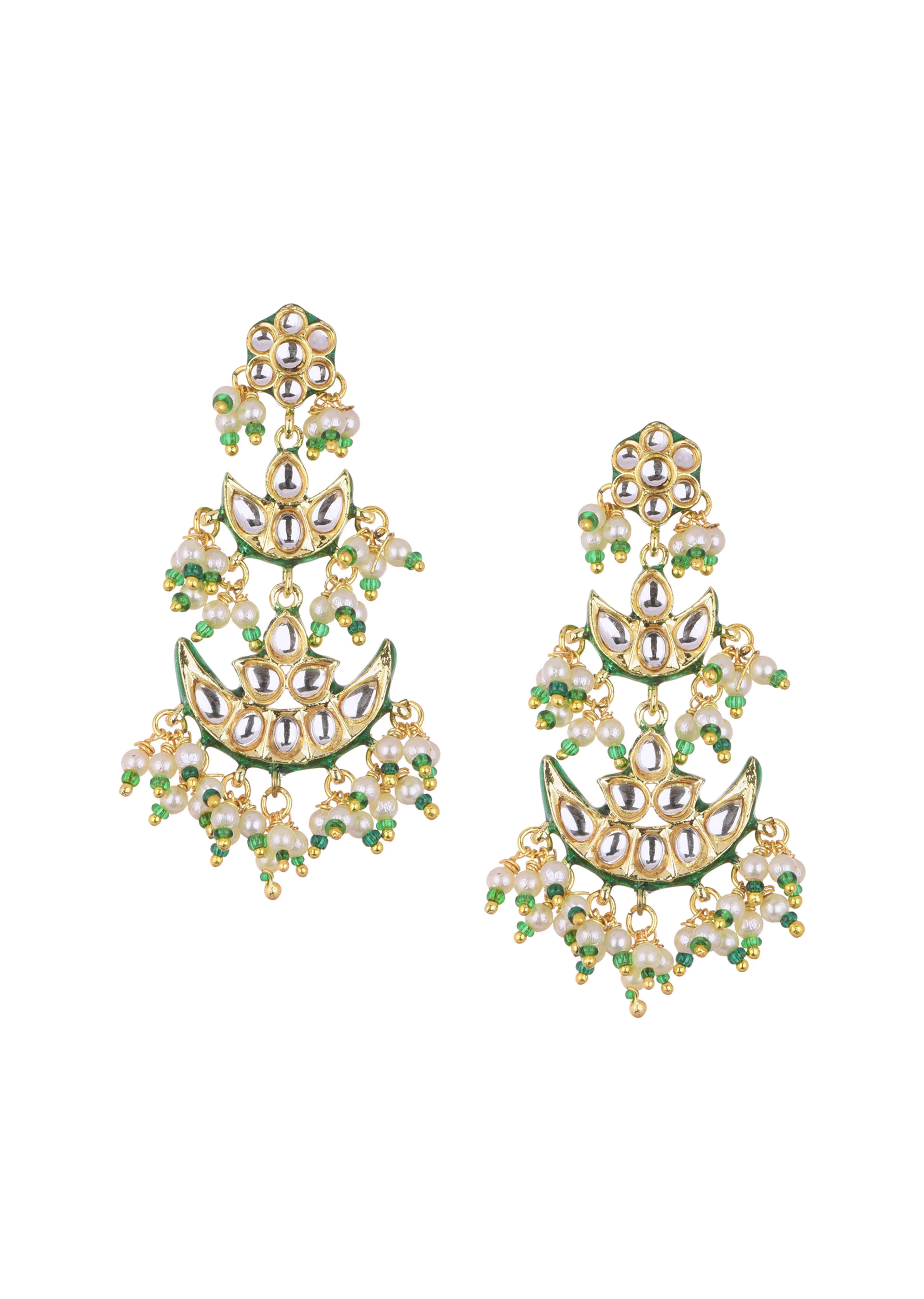 Gold Finish Green Kundan Necklace Set With Beads And Pearls - Image 7