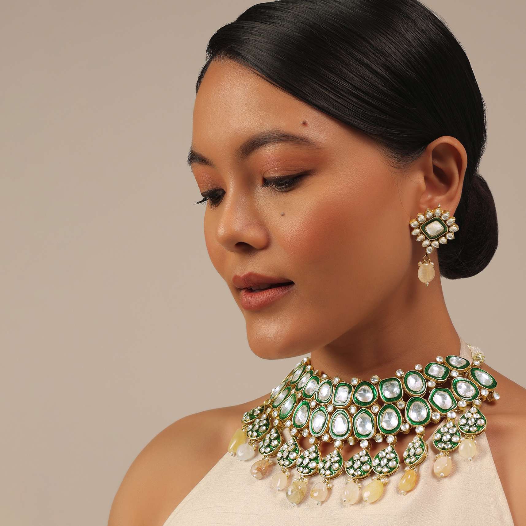 Gold Finish Green Kundan Polki Bridal Choker Set With Stones - Image 2