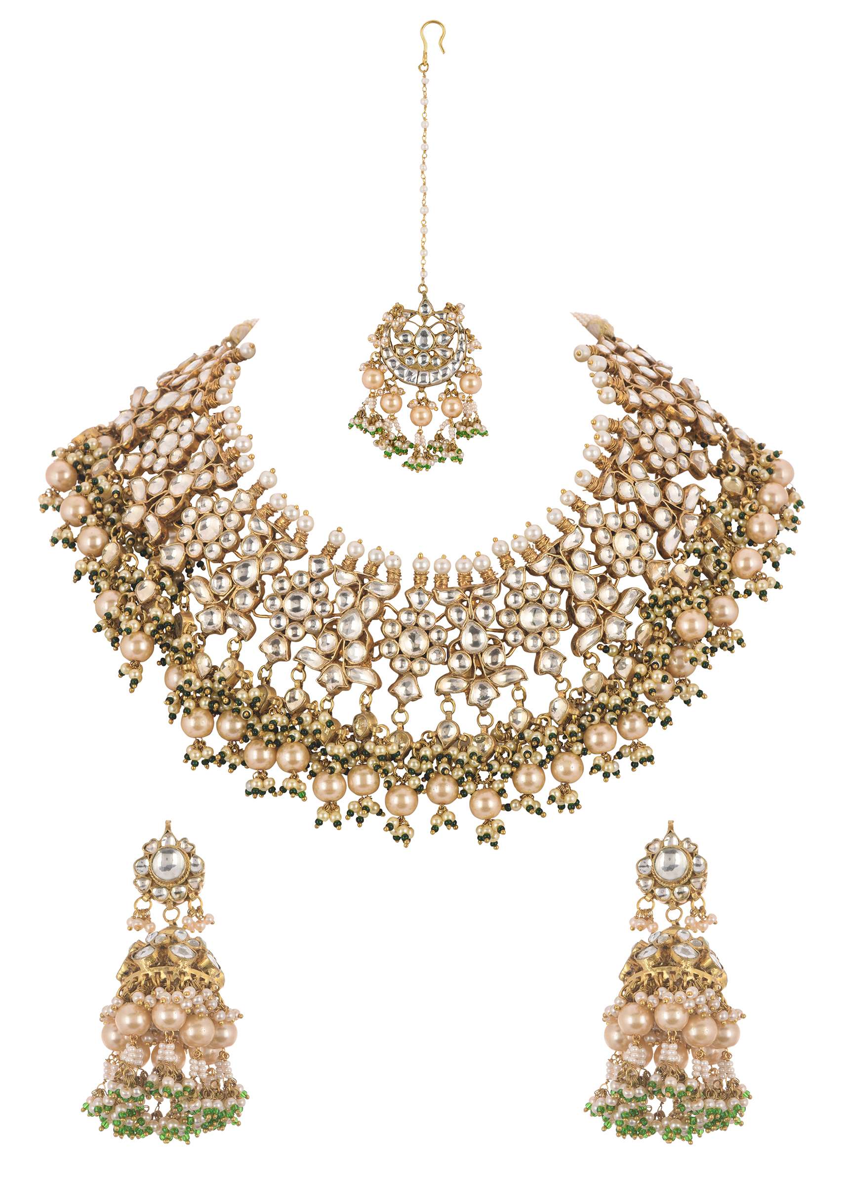 Gold Finish Heavy Bridal Choker And Maang Tikka Set - Image 6