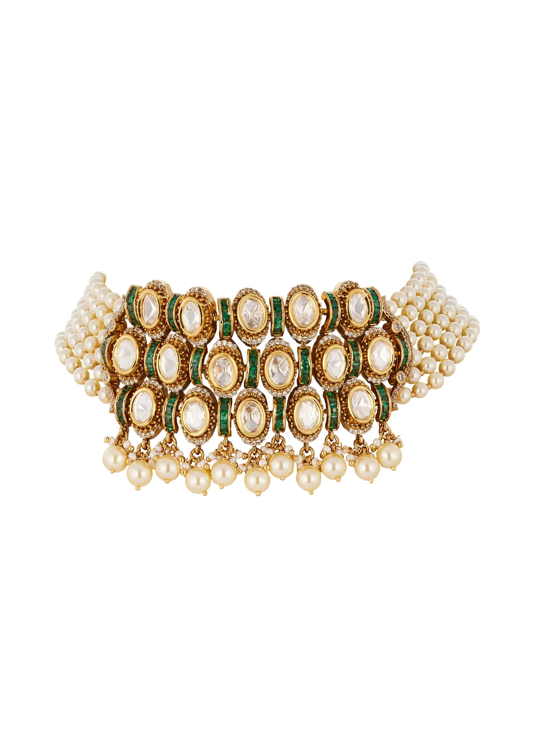 Gold Finish Jewellery Set In Polki in Semi Precious Stones - Image 3
