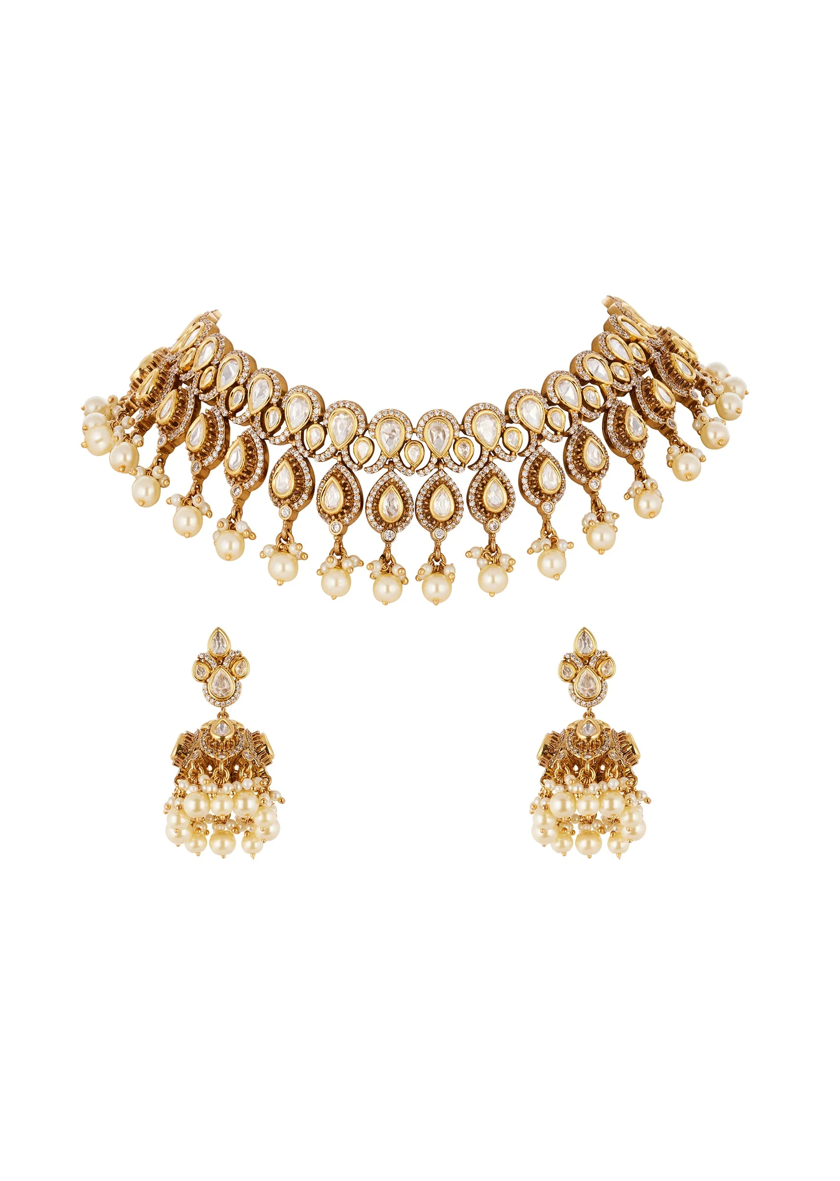 Gold Finish Jewellery Set In Polki With Semi Precious Stones - Image 2