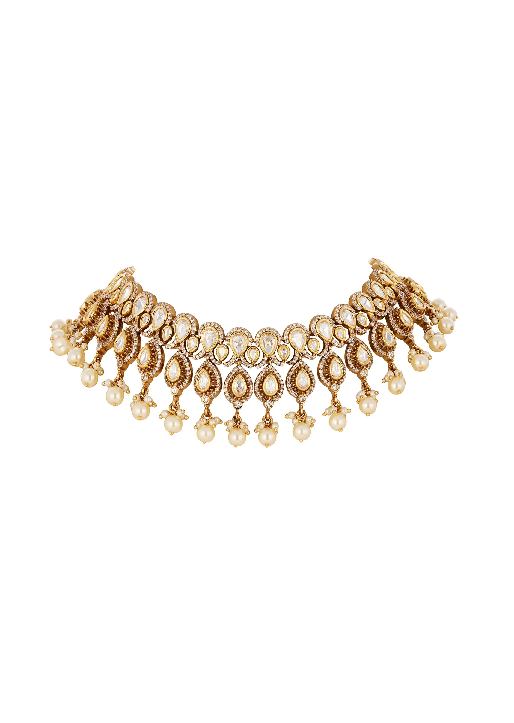 Gold Finish Jewellery Set In Polki With Semi Precious Stones - Image 3