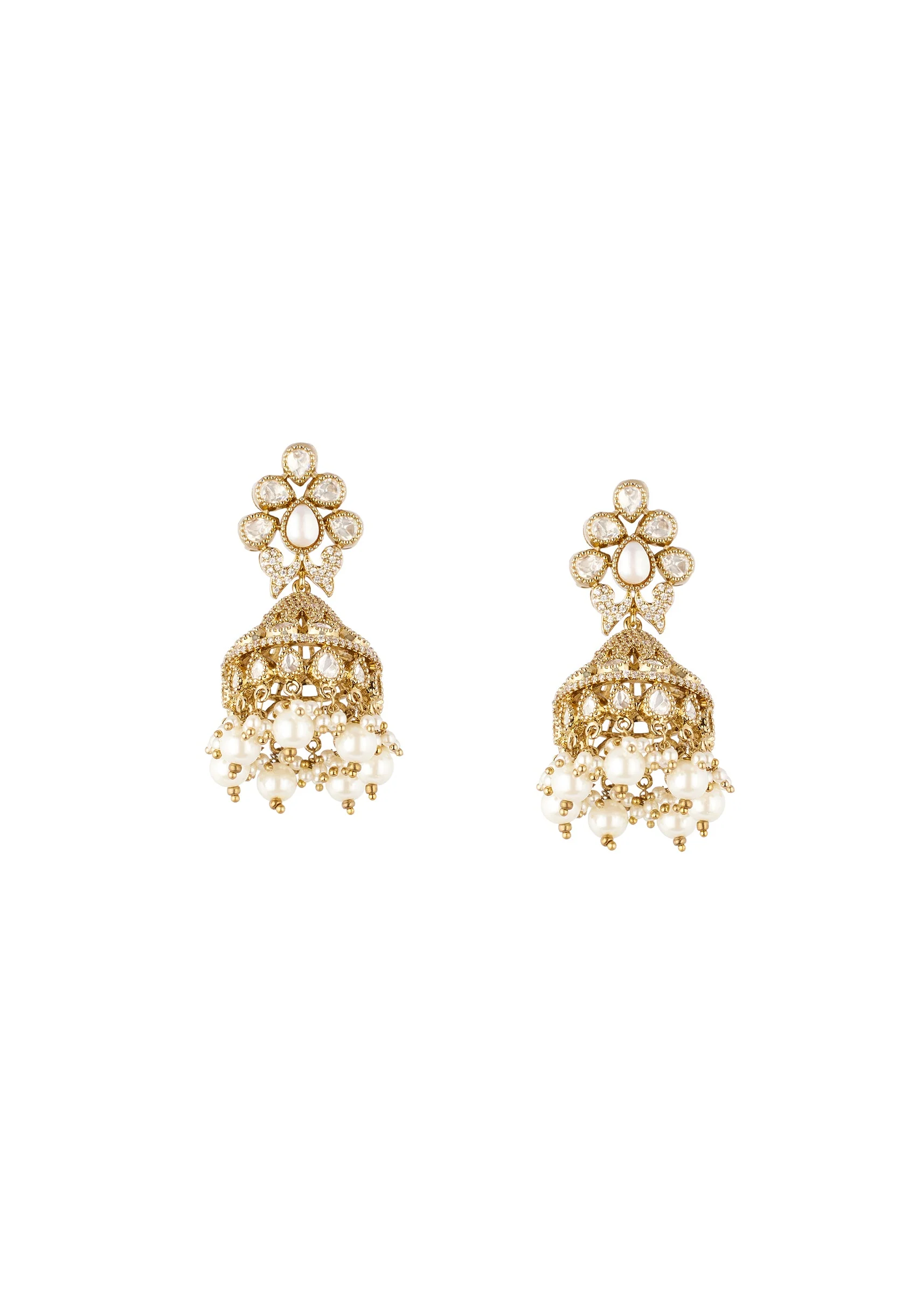 Gold Finish Jhumka Earrings In Polki With White Simulated Pearls - Image 2