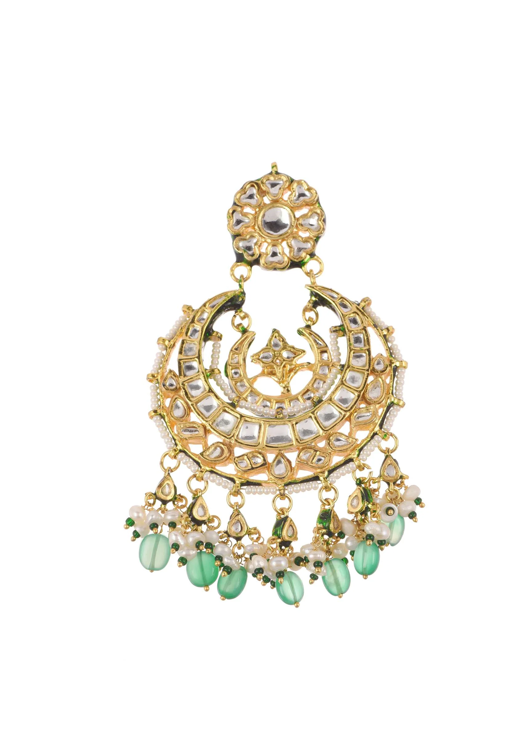 Gold Finish Kundan Chandbalis With Green Drops - Image 6