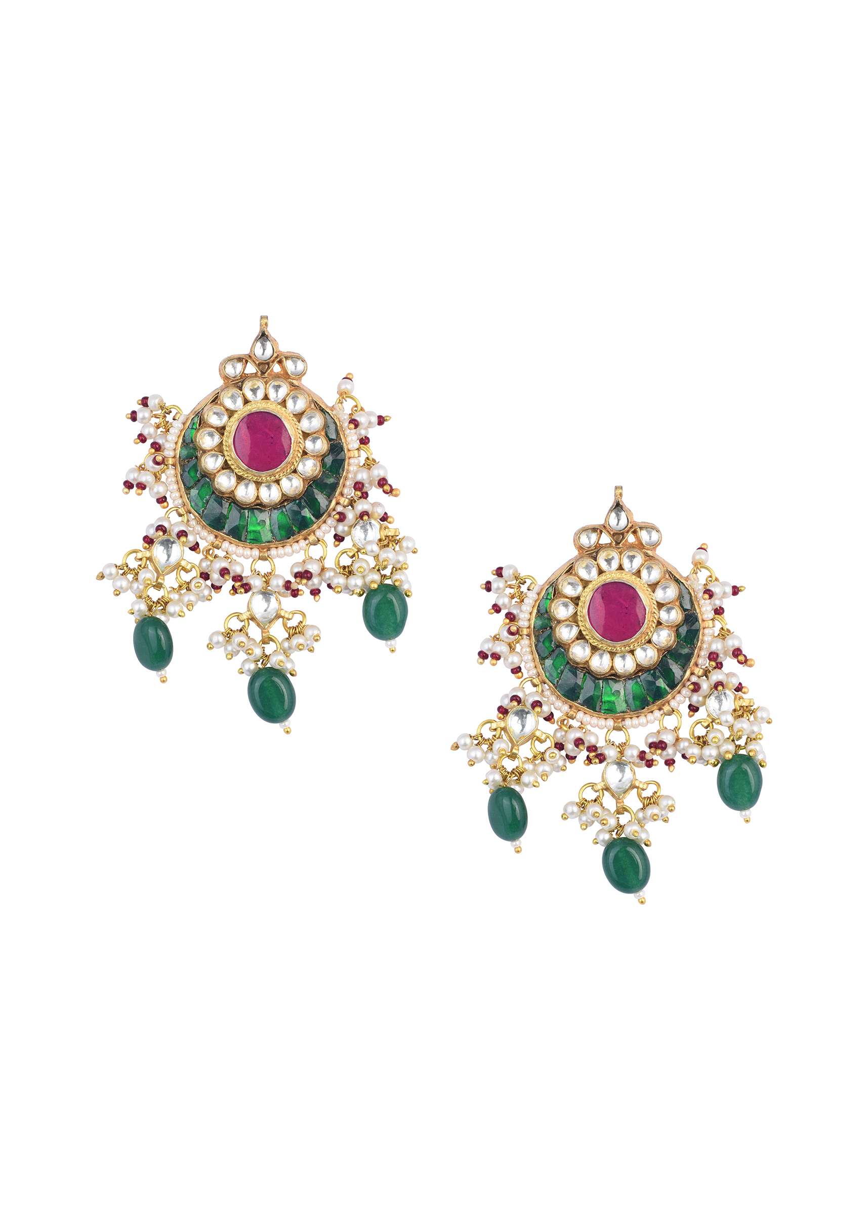 Gold Finish Kundan Chandbalis With Green Stone Drops - Image 2
