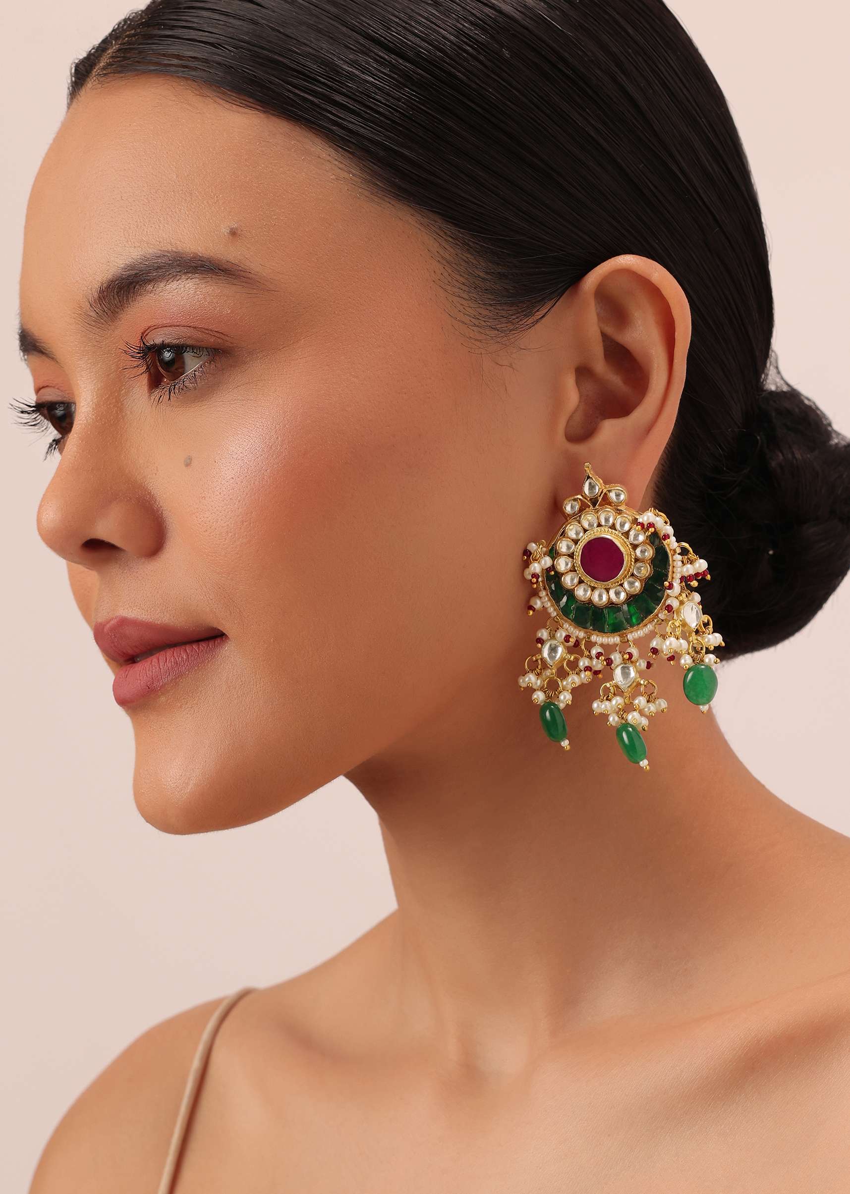 Gold Finish Kundan Chandbalis With Green Stone Drops - Image 4