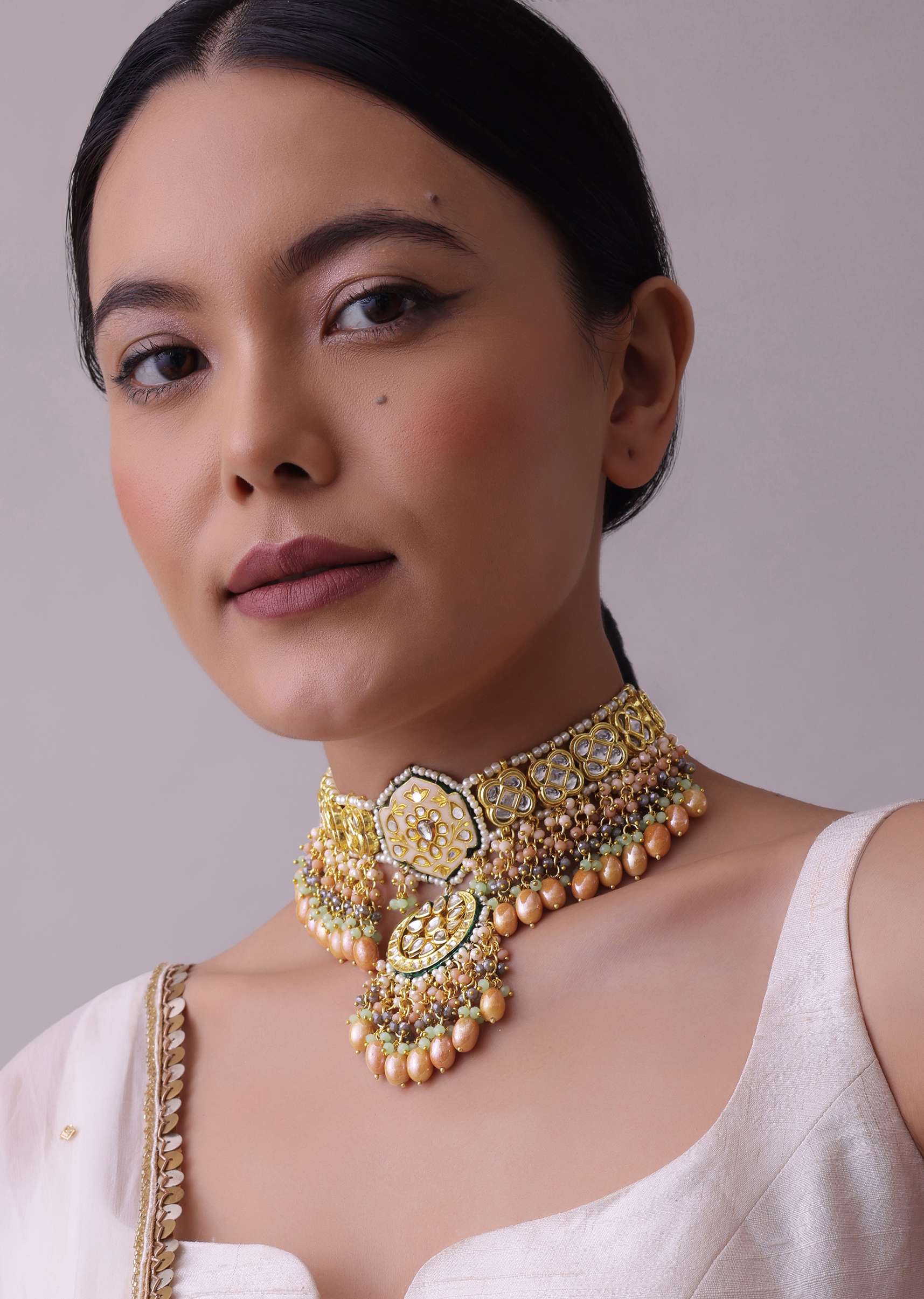 Gold-Finish Kundan Choker Necklace Set With Intricate Colourful Meenakari Work In Mix Metal - Image 2