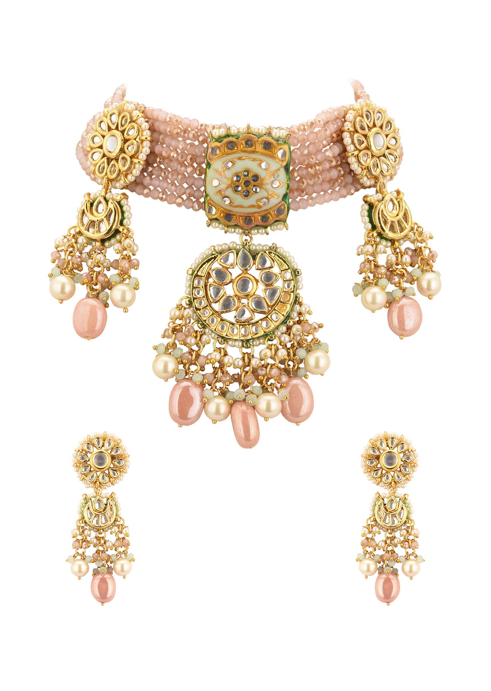 Gold-Finish Kundan Choker Necklace Set With Multicolor Meenakari Work In Mix Metal - Image 7