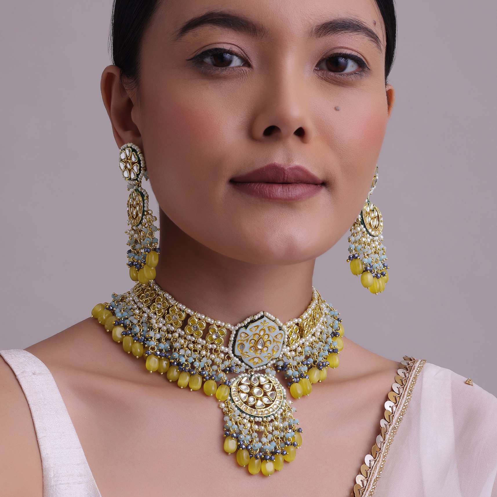 Gold-Finish Kundan Choker Necklace With Colorful Intricate Meenakari Work And Stones In Mix Metal - Image 2