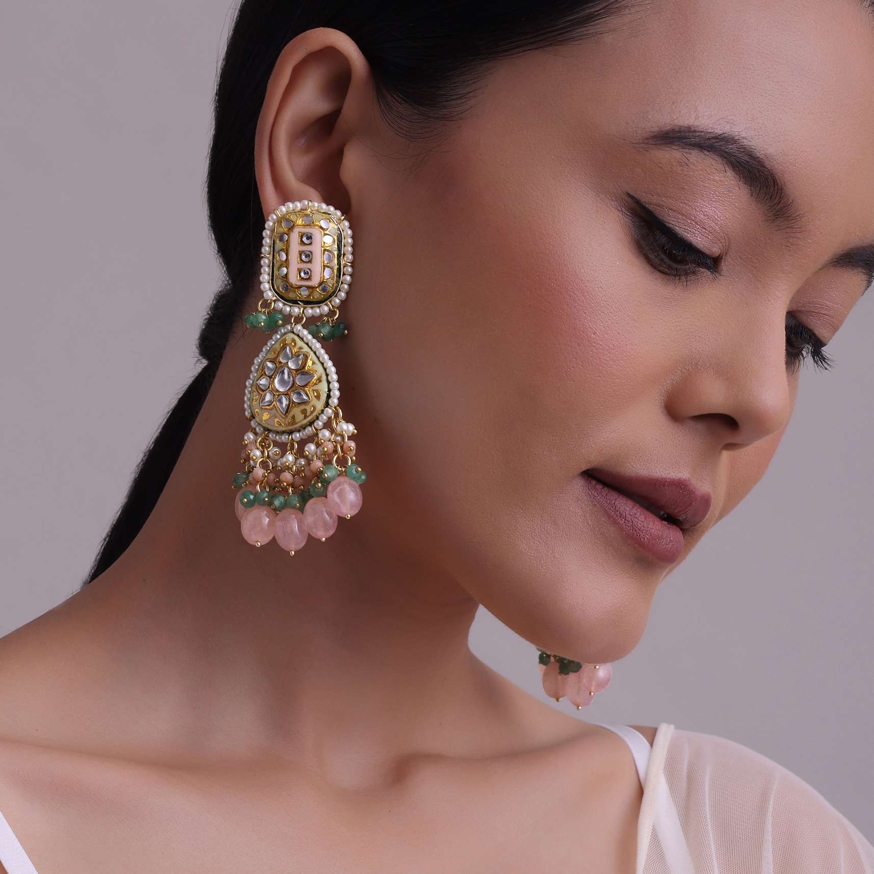 Gold-Finish Kundan Dangler Earrings With Multicolor Meenakari Work And Drop-Stones In Mix Metal - Image 2