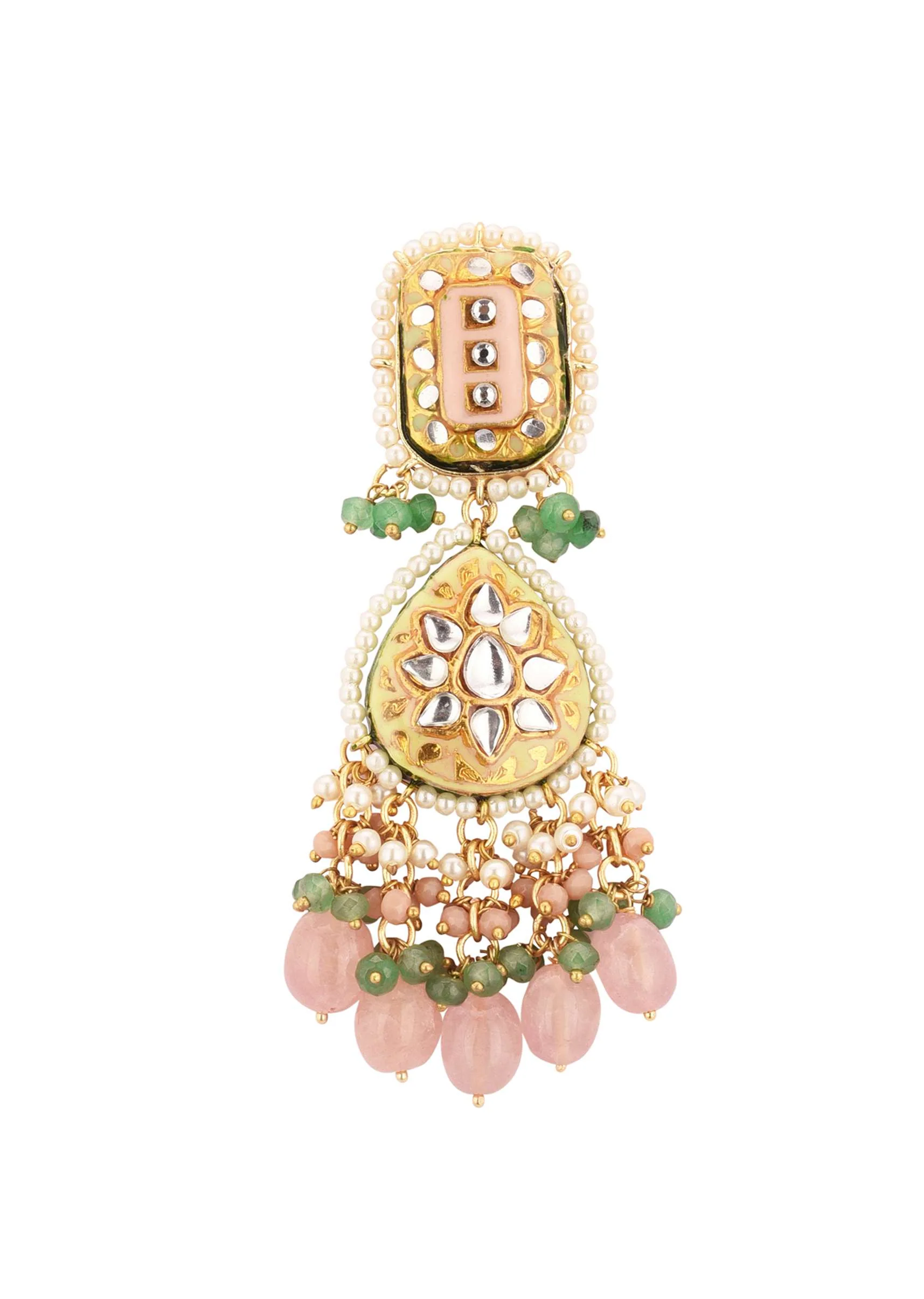 Gold-Finish Kundan Dangler Earrings With Multicolor Meenakari Work And Drop-Stones In Mix Metal - Image 3