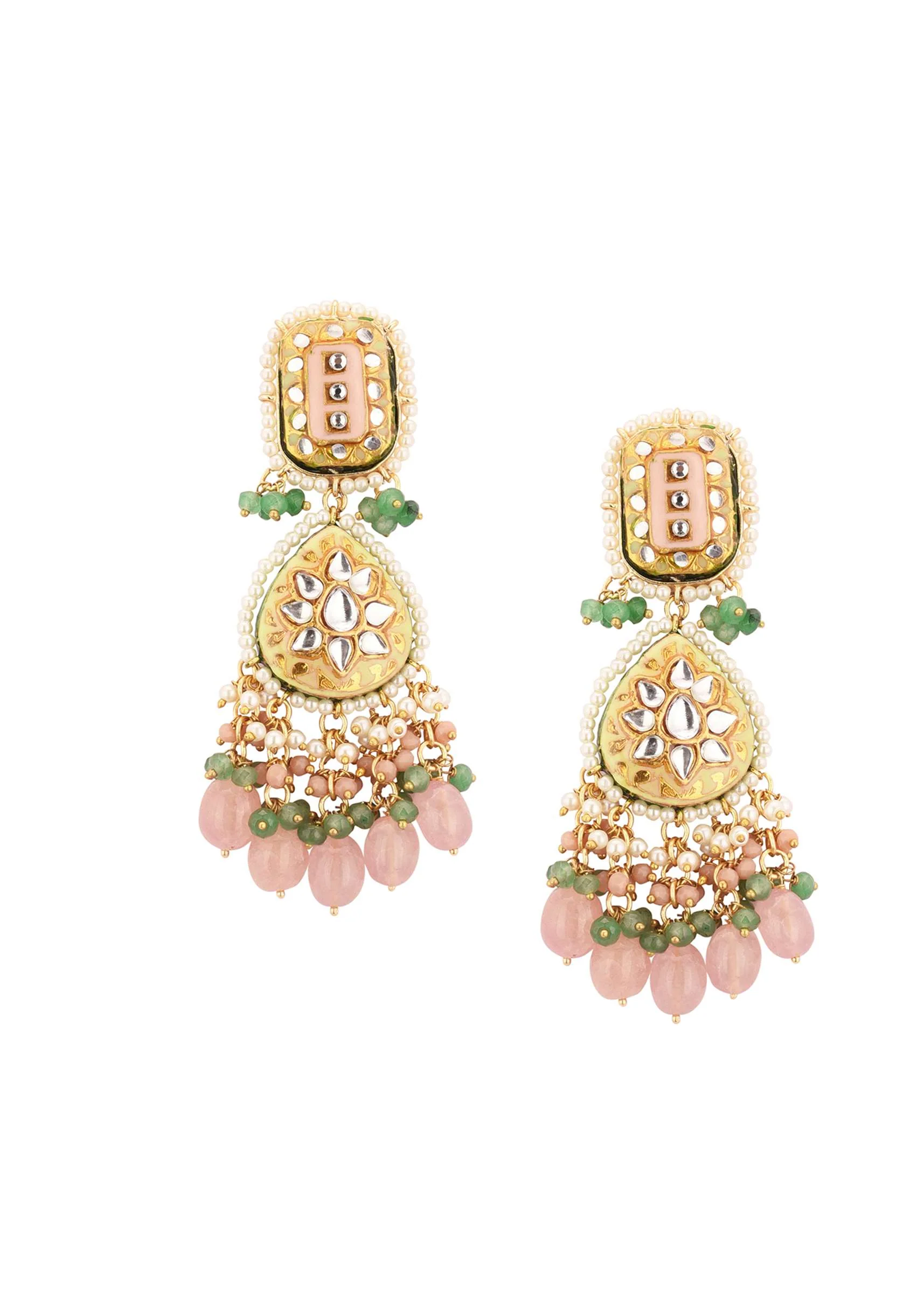 Gold-Finish Kundan Dangler Earrings With Multicolor Meenakari Work And Drop-Stones In Mix Metal - Image 4