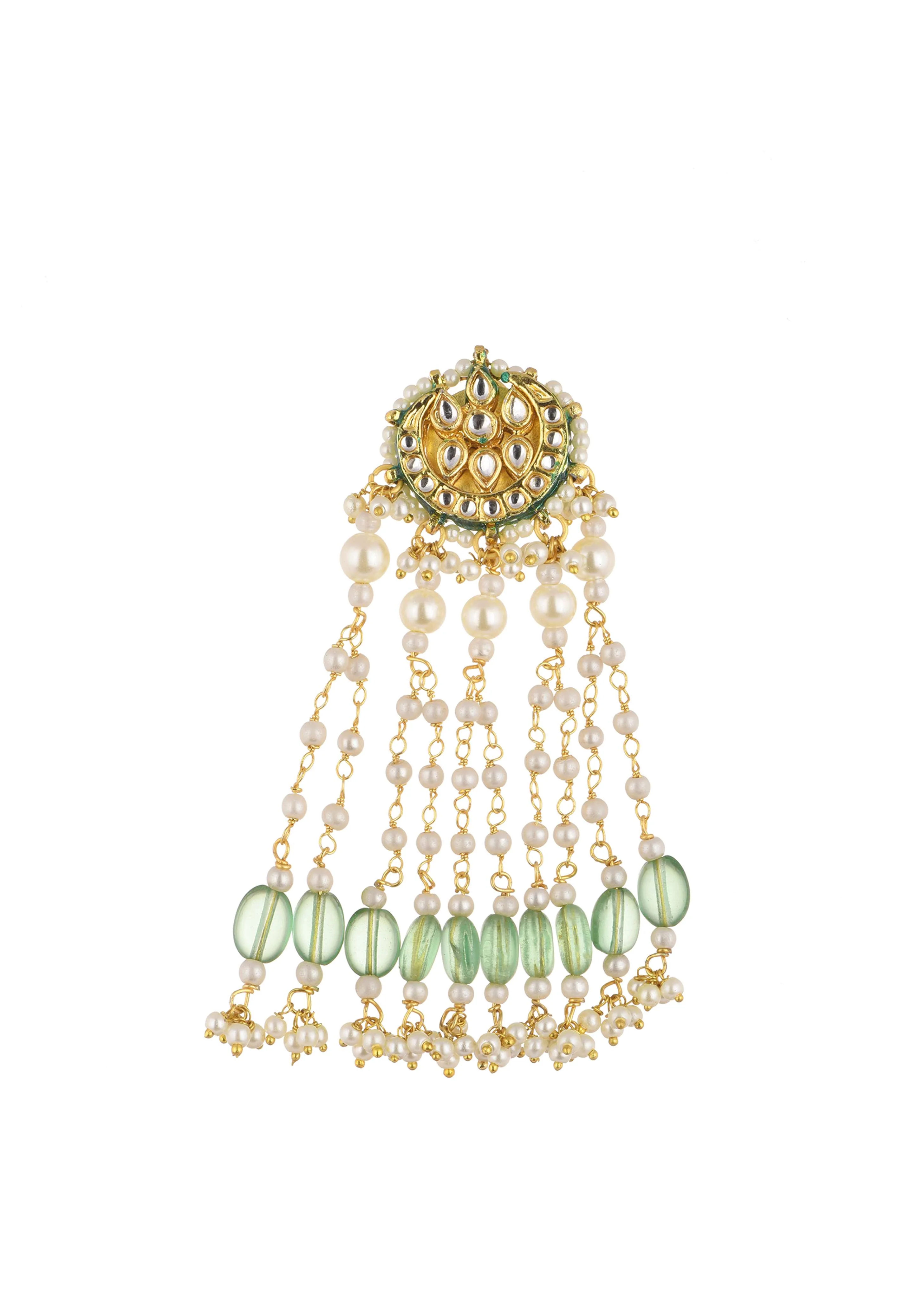 Gold Finish Kundan Danglers With Green Beads - Image 2