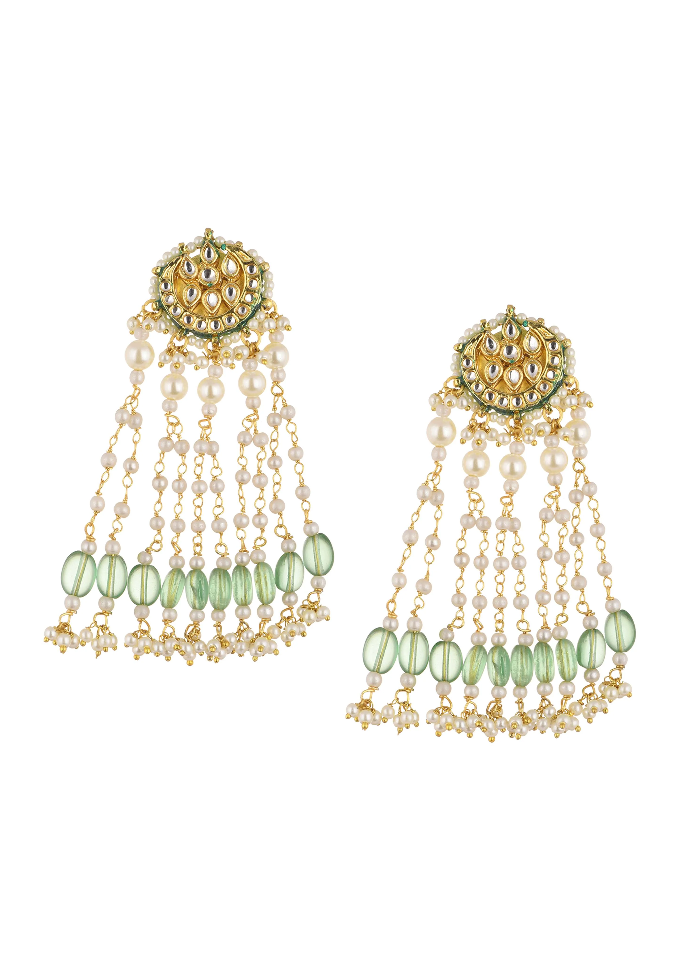 Gold Finish Kundan Danglers With Green Beads - Image 3