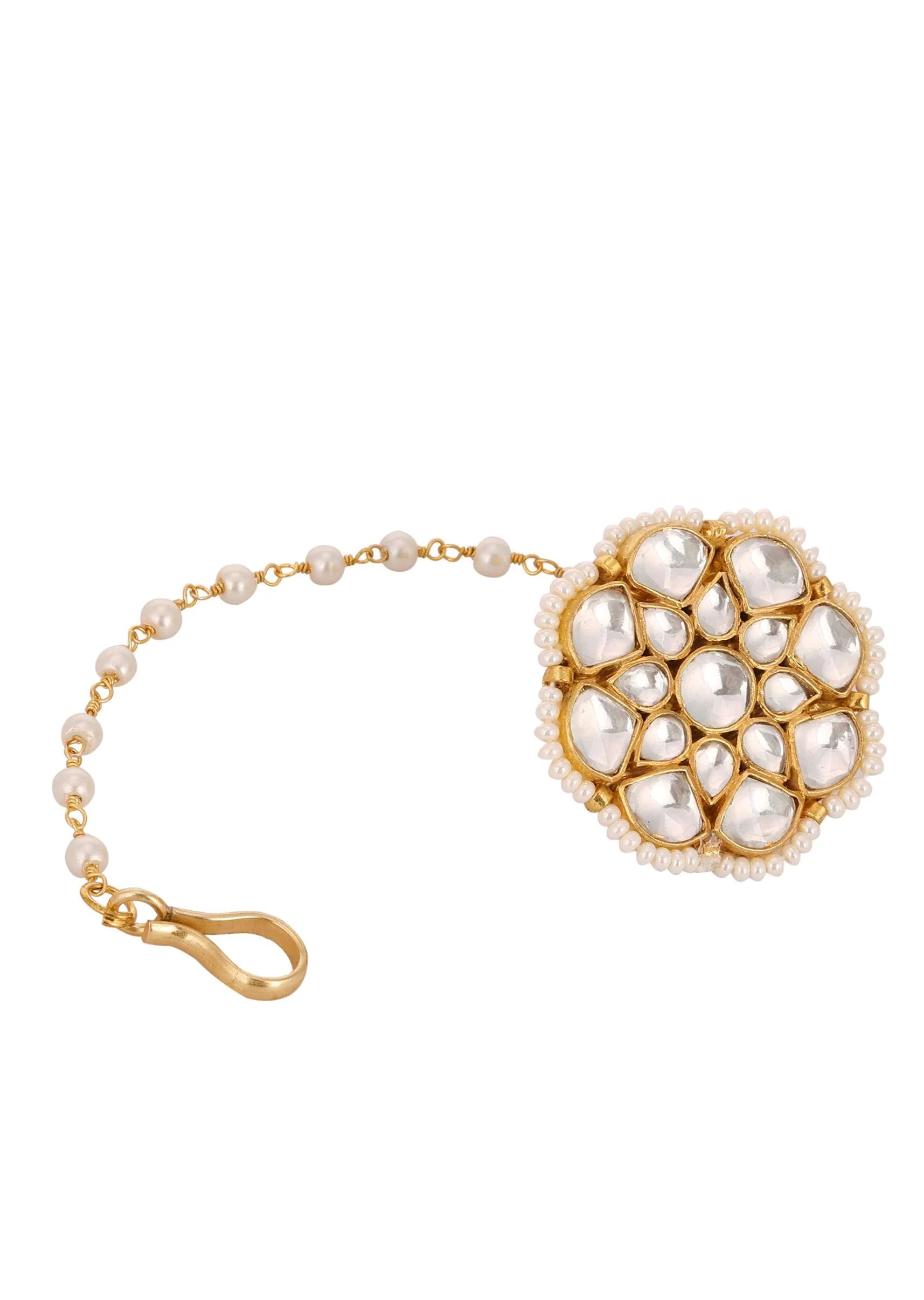 Gold Finish Kundan Floral Maangtika With Beads - Image 3