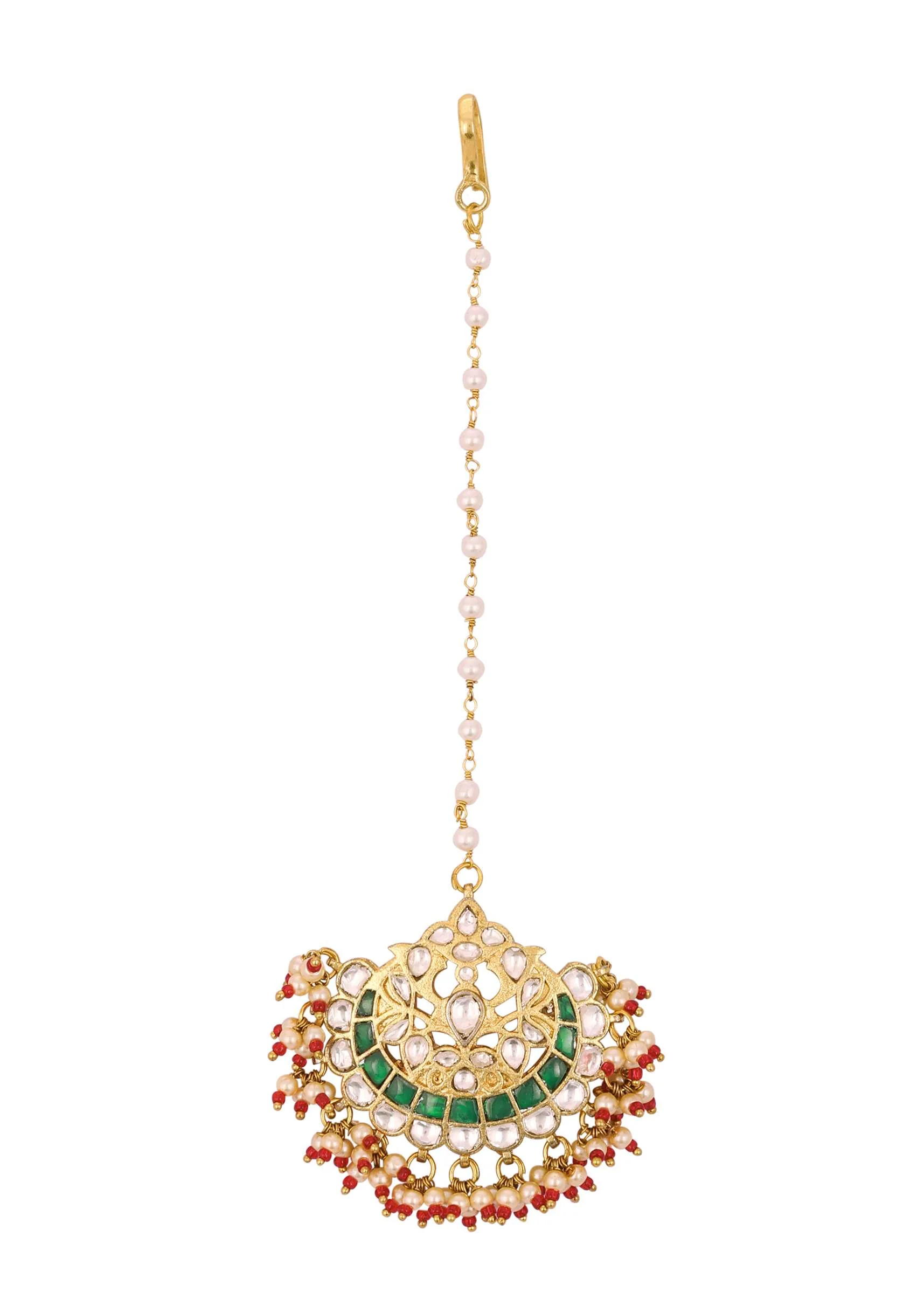 Gold Finish Kundan Multicolor Maangtika With Synthetic Beads And Stones - Image 3