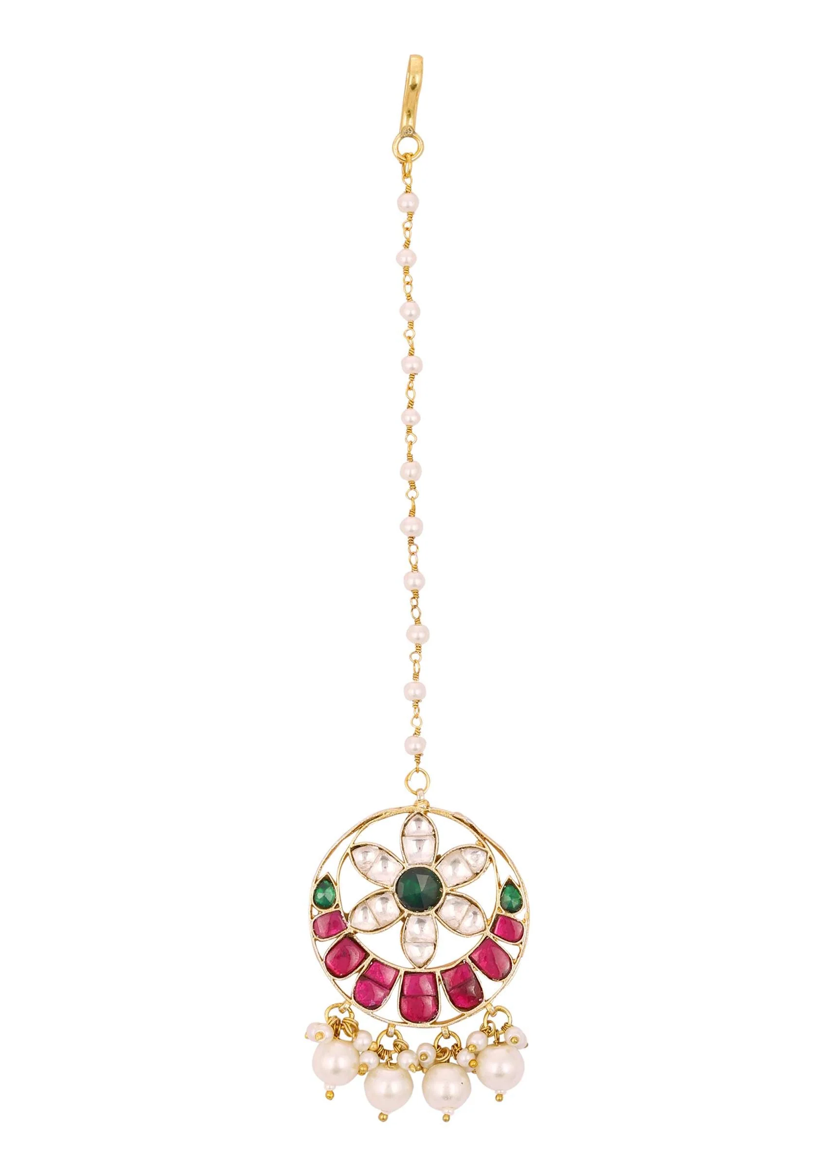 Gold Finish Kundan Multicolor Maangtika With Synthetic Stones And Beads - Image 3