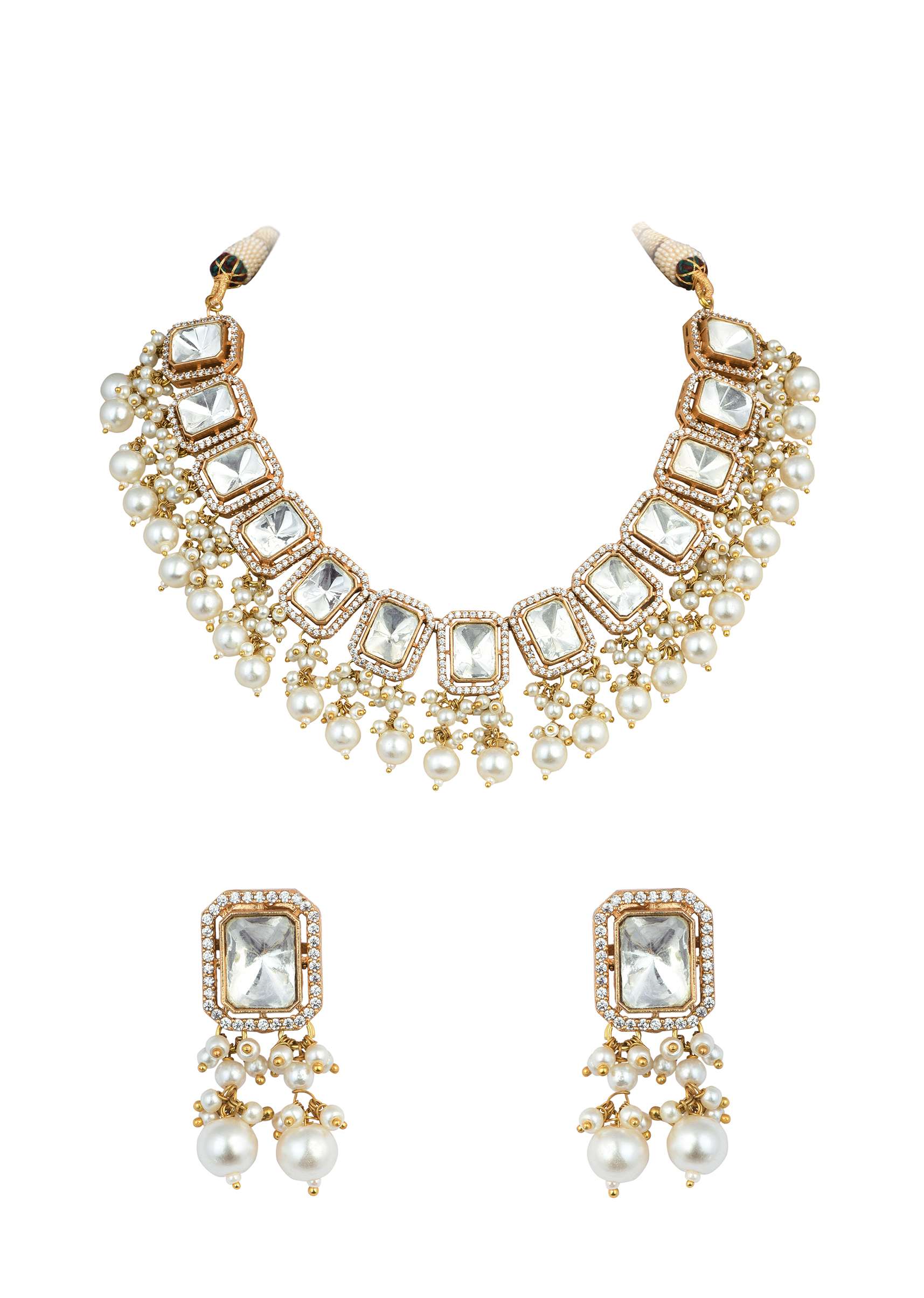 Gold Finish Kundan Necklace Set With Pearl Drops And Geometric Motifs - Image 4