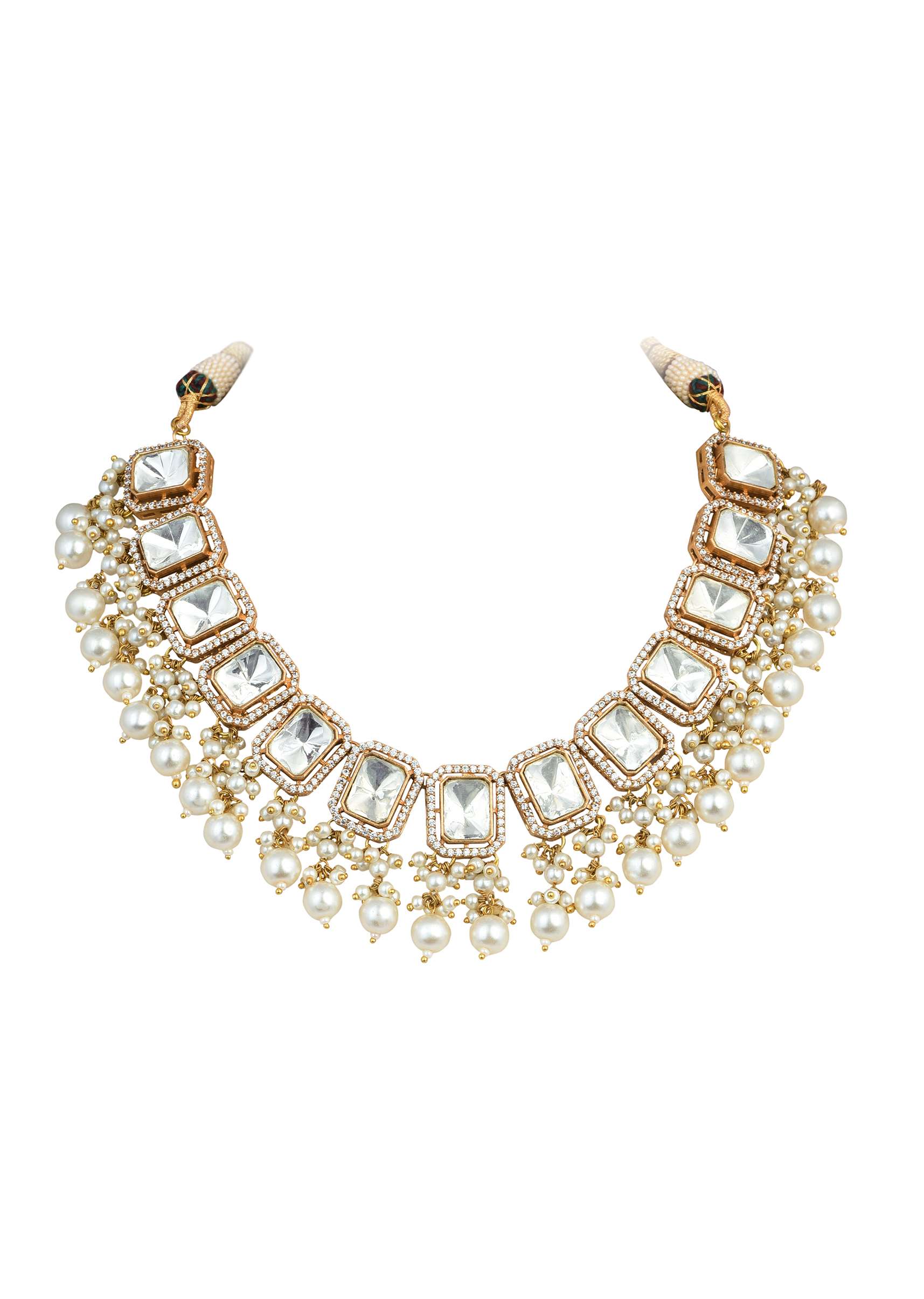 Gold Finish Kundan Necklace Set With Pearl Drops And Geometric Motifs - Image 5