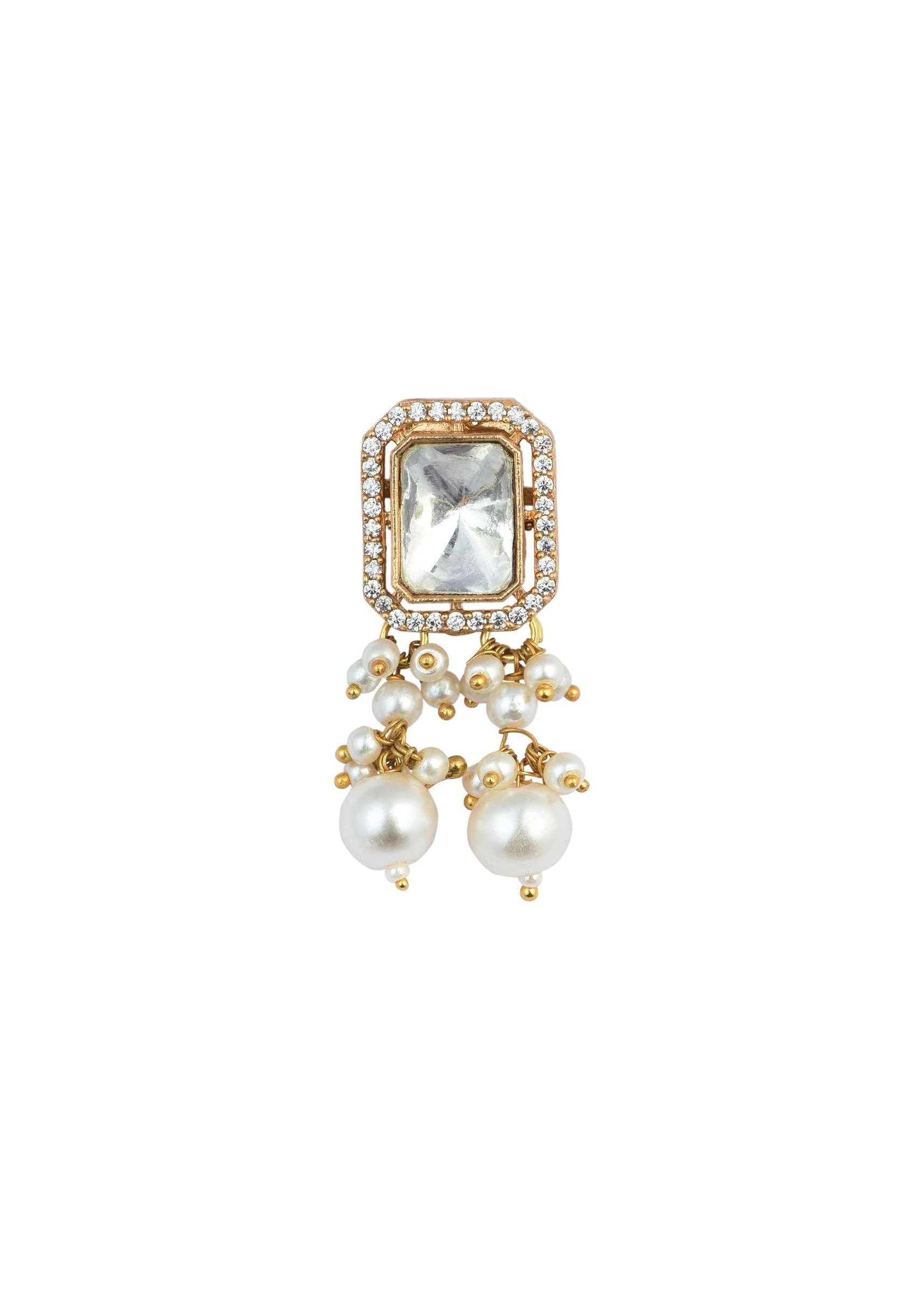 Gold Finish Kundan Necklace Set With Pearl Drops And Geometric Motifs - Image 7