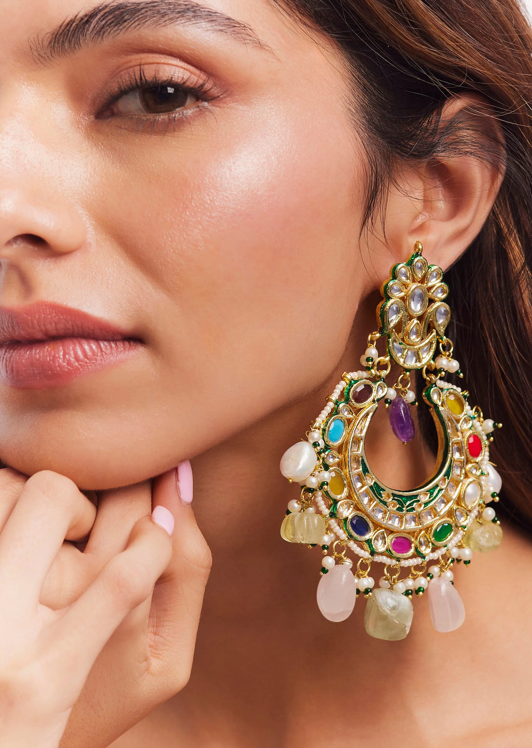 Gold Finish Kundan Polki And Pearl Dangler Earrings